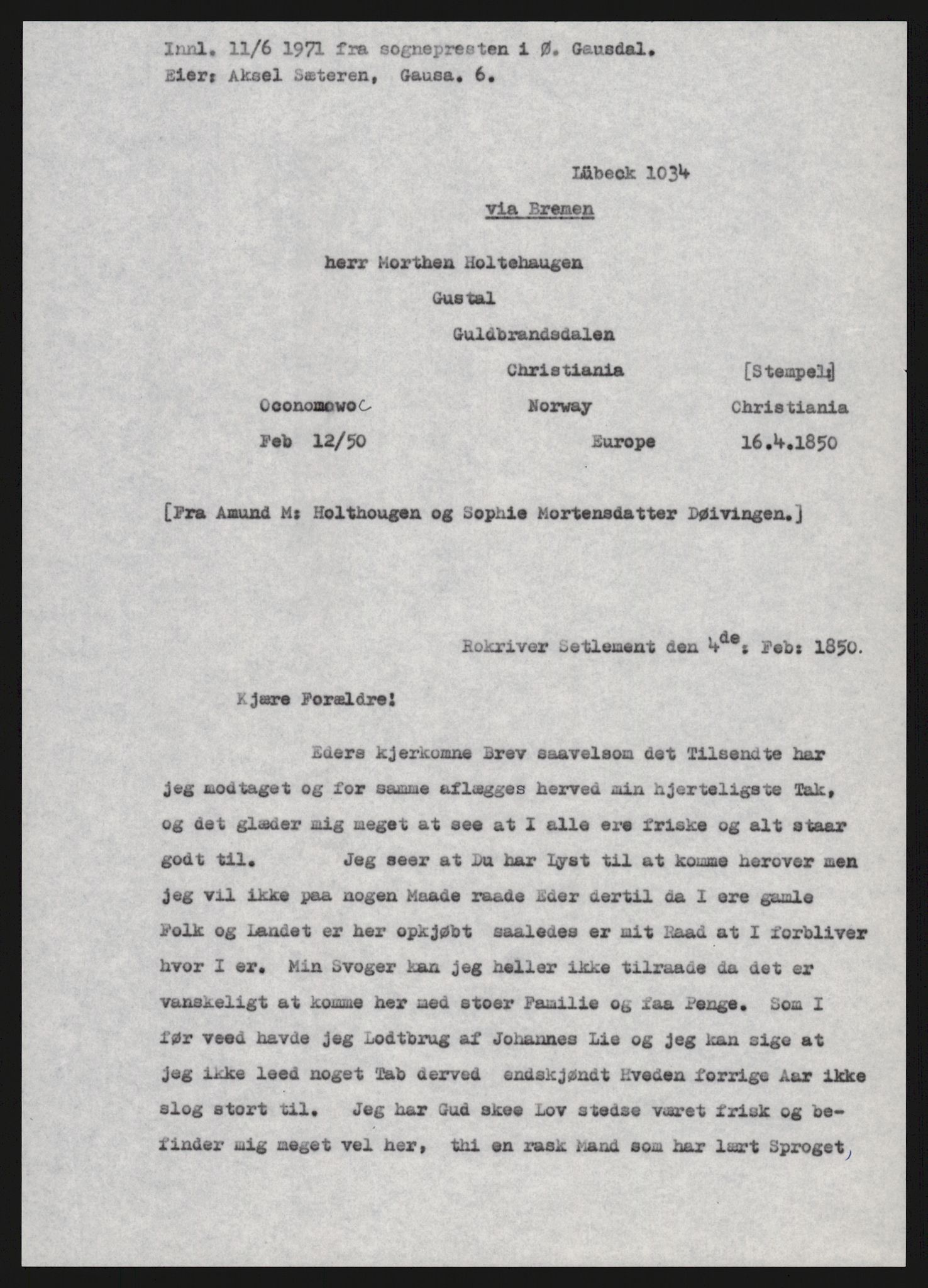 Samlinger til kildeutgivelse, Amerikabrevene, AV/RA-EA-4057/F/L0015: Innlån fra Oppland: Sæteren - Vigerust, 1838-1914, p. 43