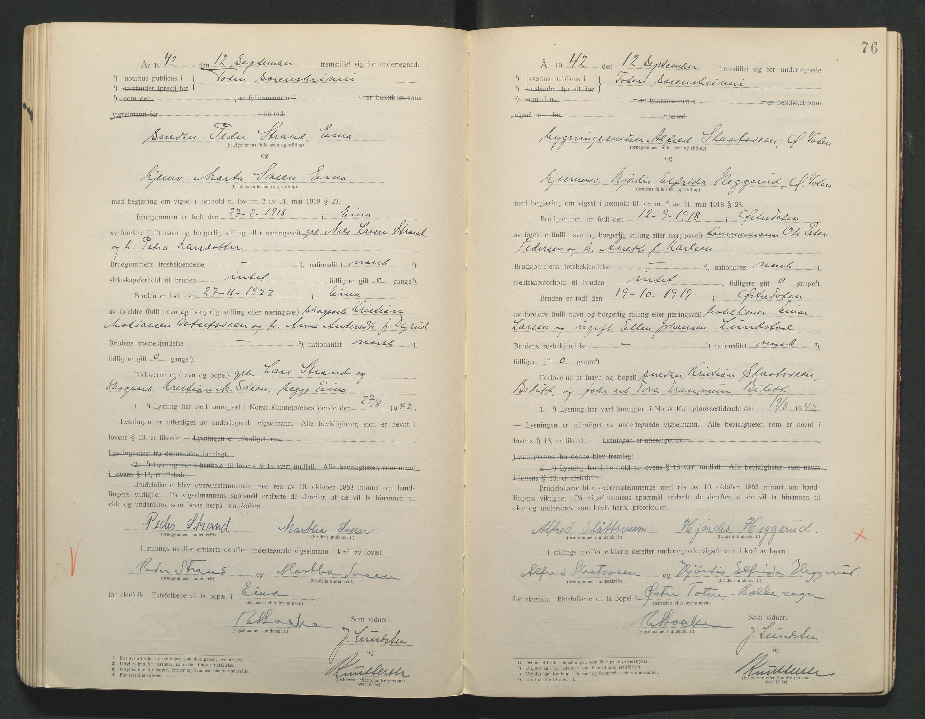 Toten tingrett, AV/SAH-TING-006/L/Lc/L0001: Vigselbok, 1920-1942, p. 76
