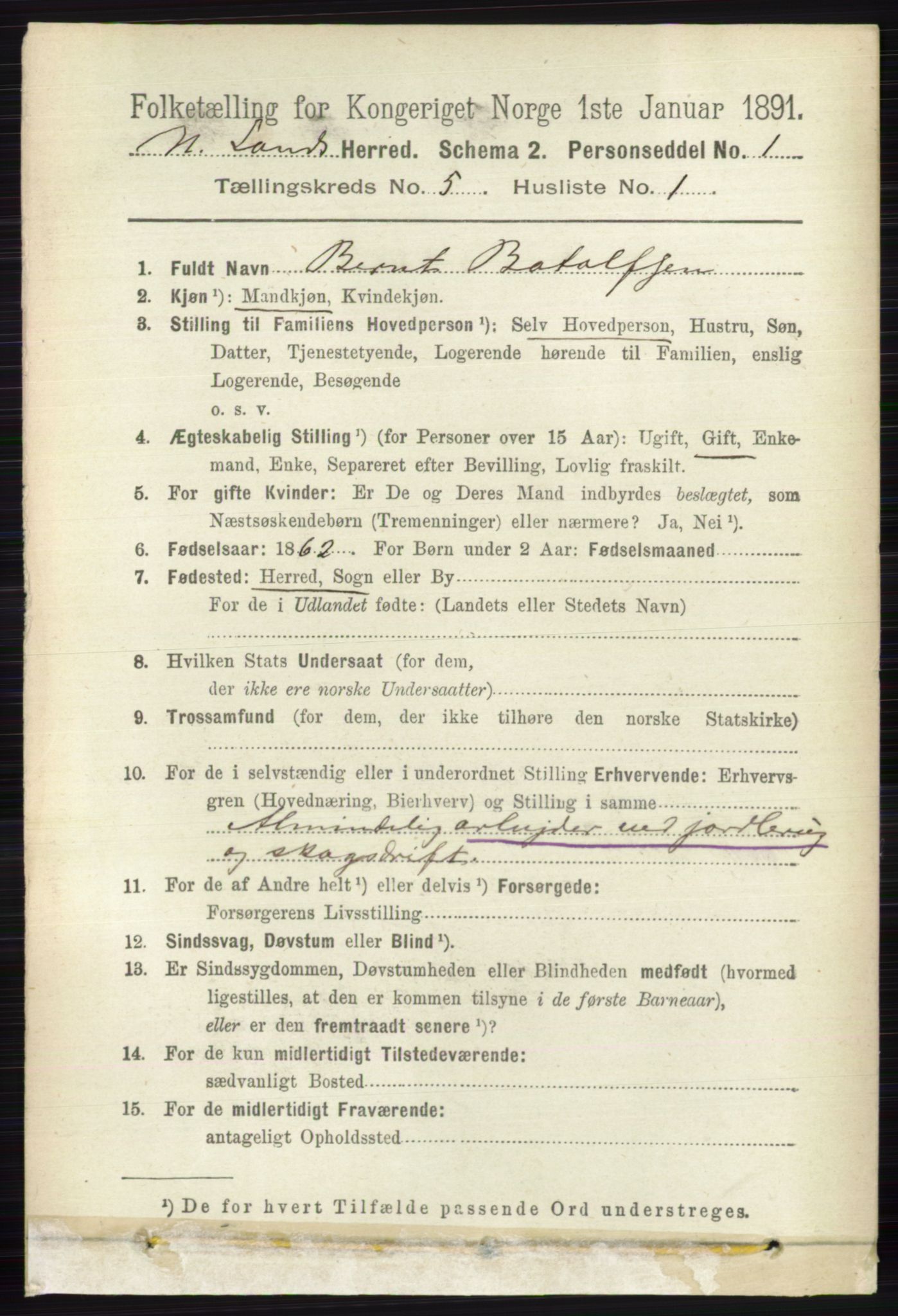 RA, 1891 census for 0538 Nordre Land, 1891, p. 1552