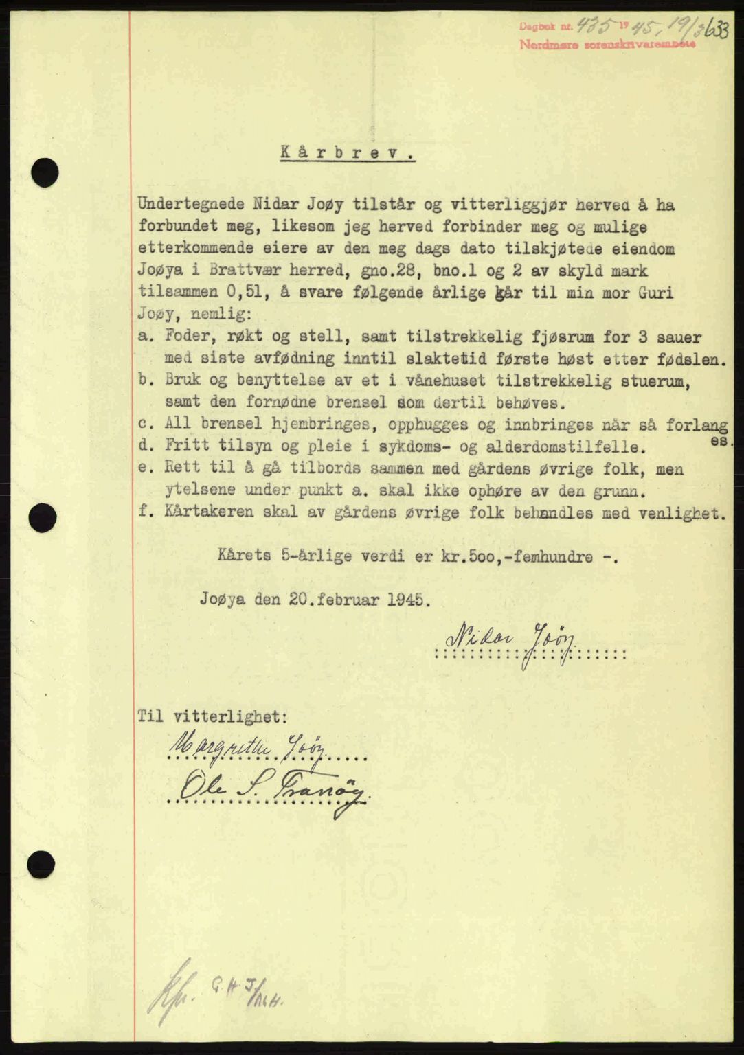 Nordmøre sorenskriveri, AV/SAT-A-4132/1/2/2Ca: Mortgage book no. B92, 1944-1945, Diary no: : 435/1945