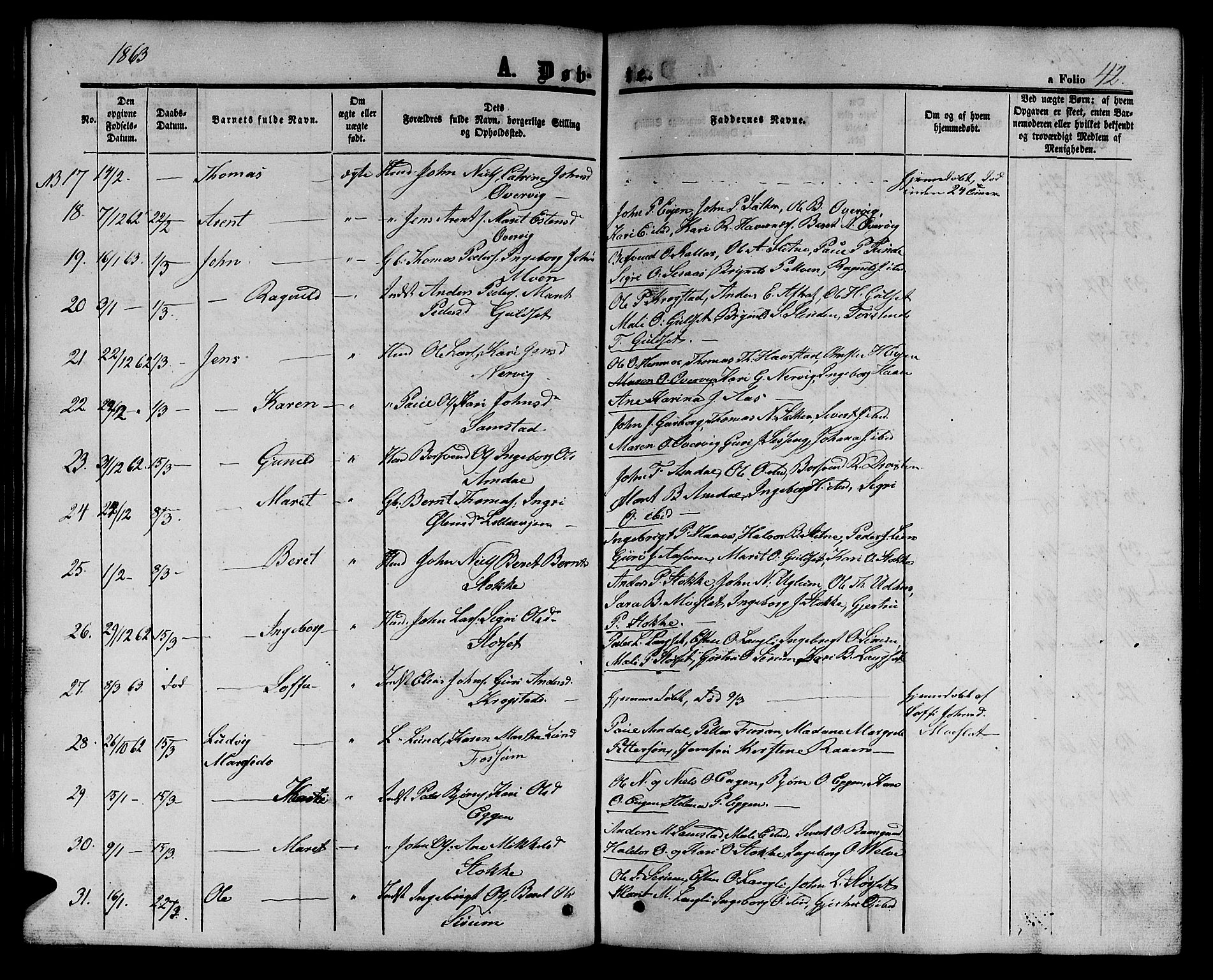 Ministerialprotokoller, klokkerbøker og fødselsregistre - Sør-Trøndelag, SAT/A-1456/695/L1155: Parish register (copy) no. 695C06, 1859-1868, p. 42