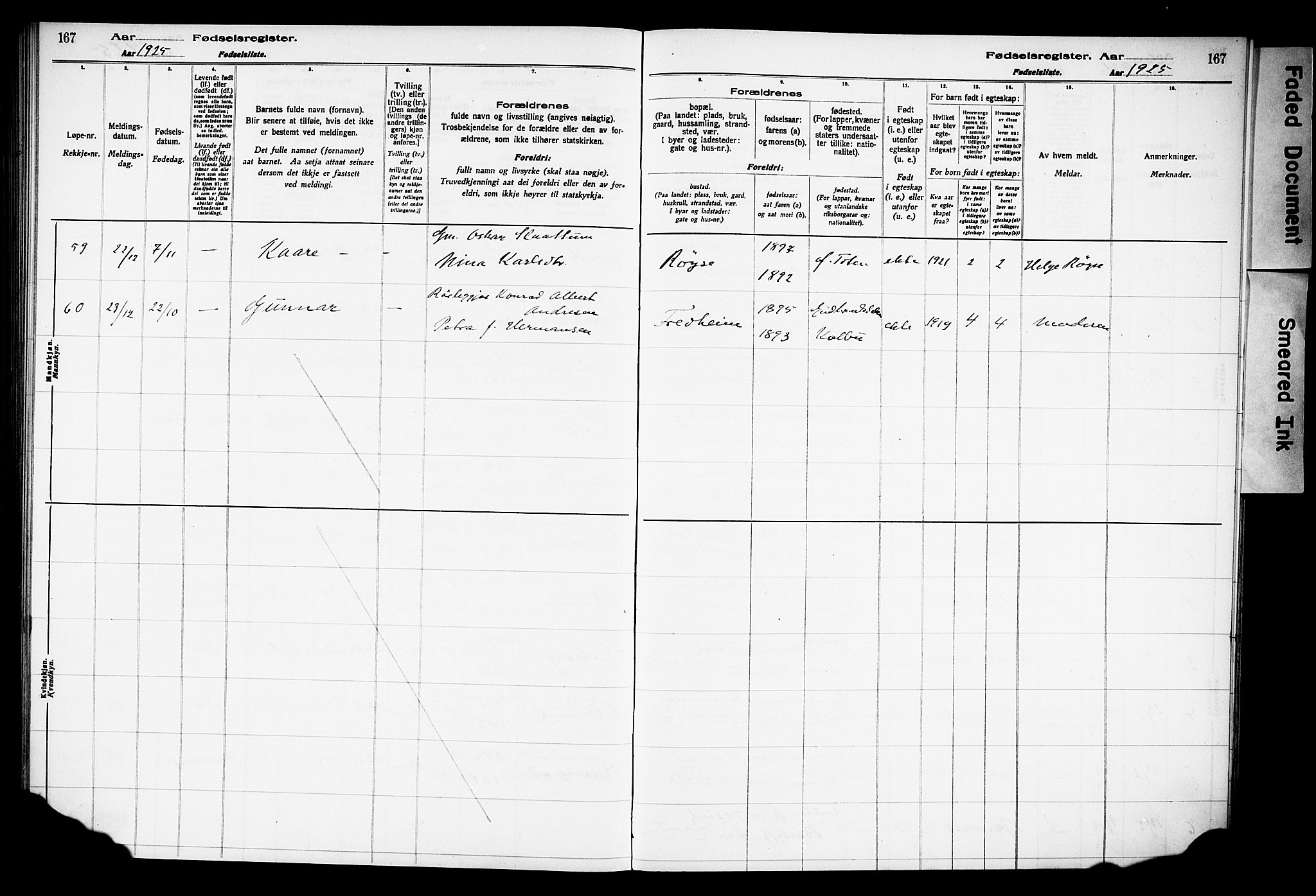 Østre Toten prestekontor, AV/SAH-PREST-104/I/Id/L0001/0001: Birth register no. 1.1, 1916-1928, p. 167