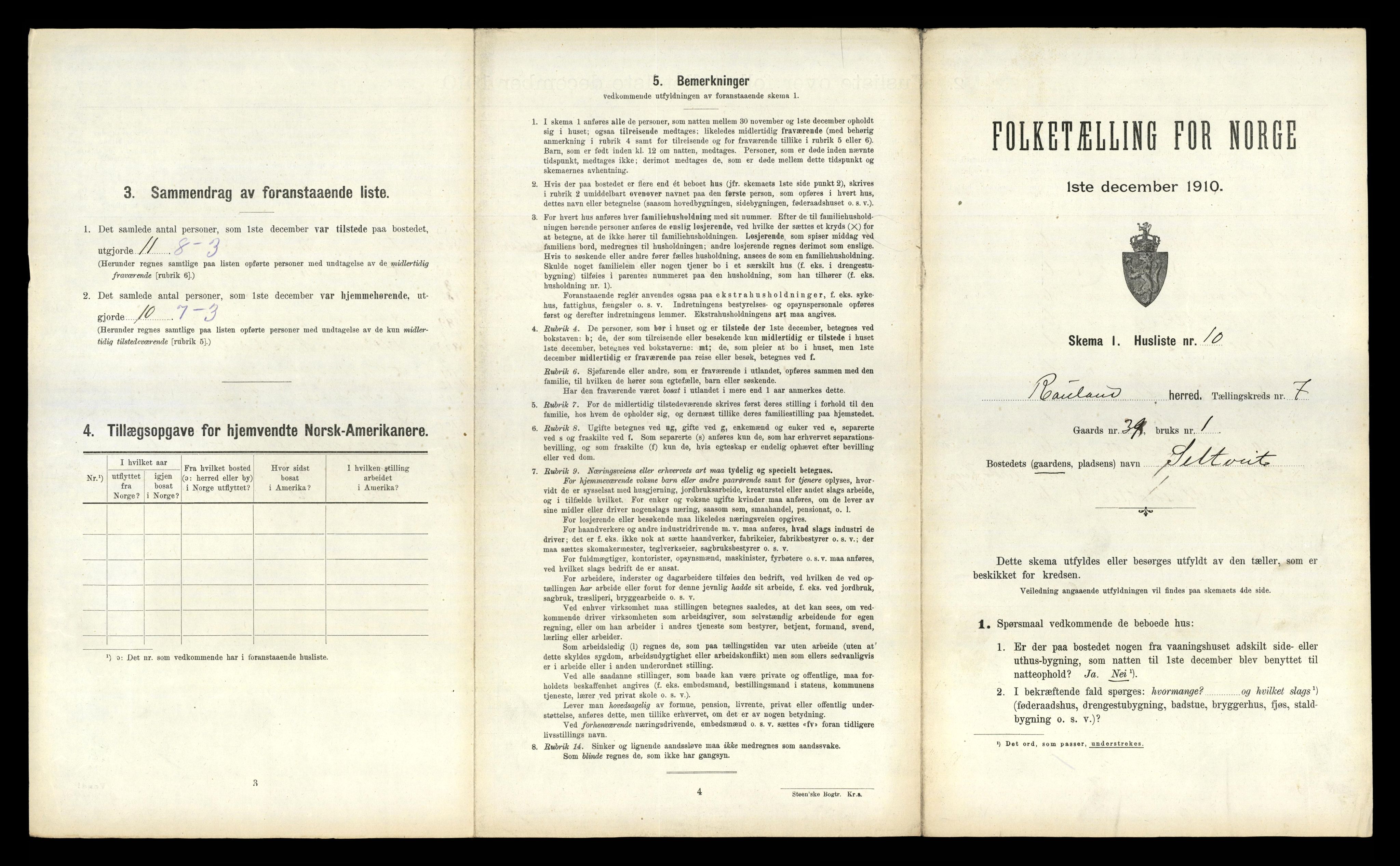 RA, 1910 census for Rauland, 1910, p. 265