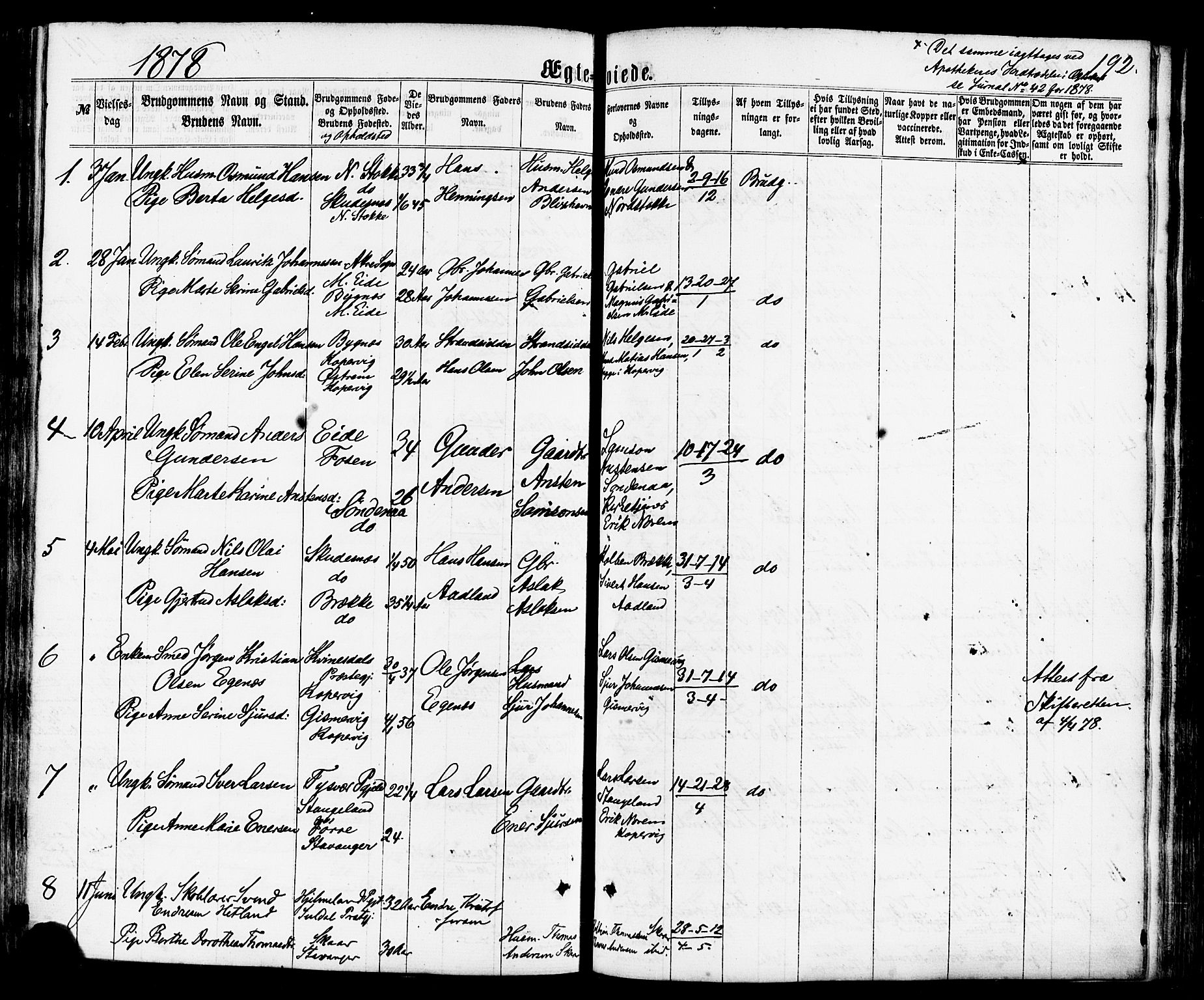 Avaldsnes sokneprestkontor, SAST/A -101851/H/Ha/Haa/L0011: Parish register (official) no. A 11, 1861-1880, p. 192