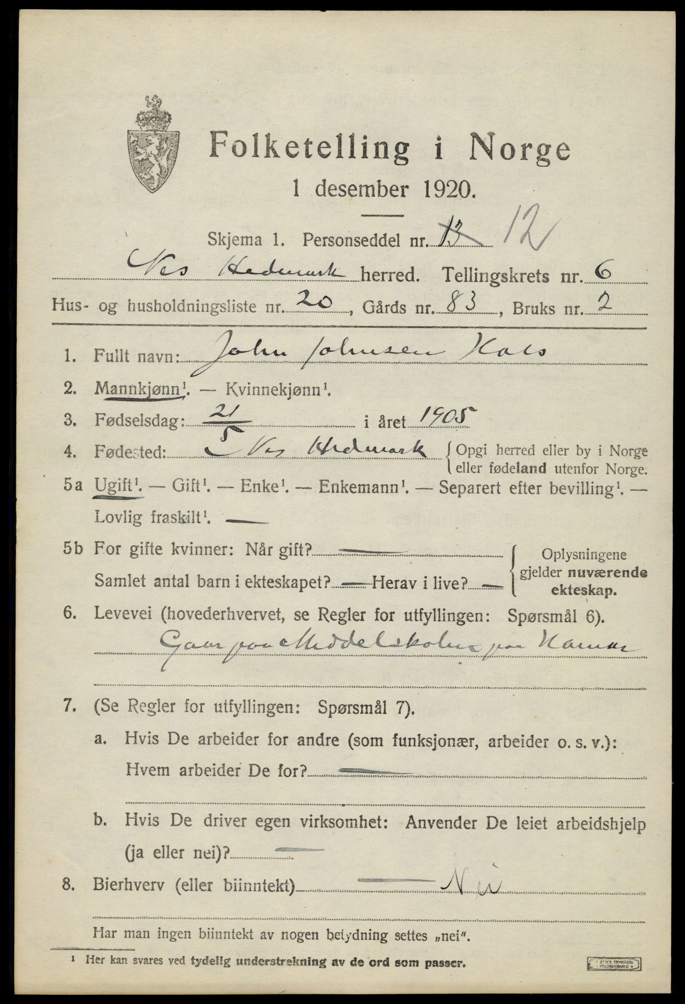 SAH, 1920 census for Nes (Hedmark), 1920, p. 8004