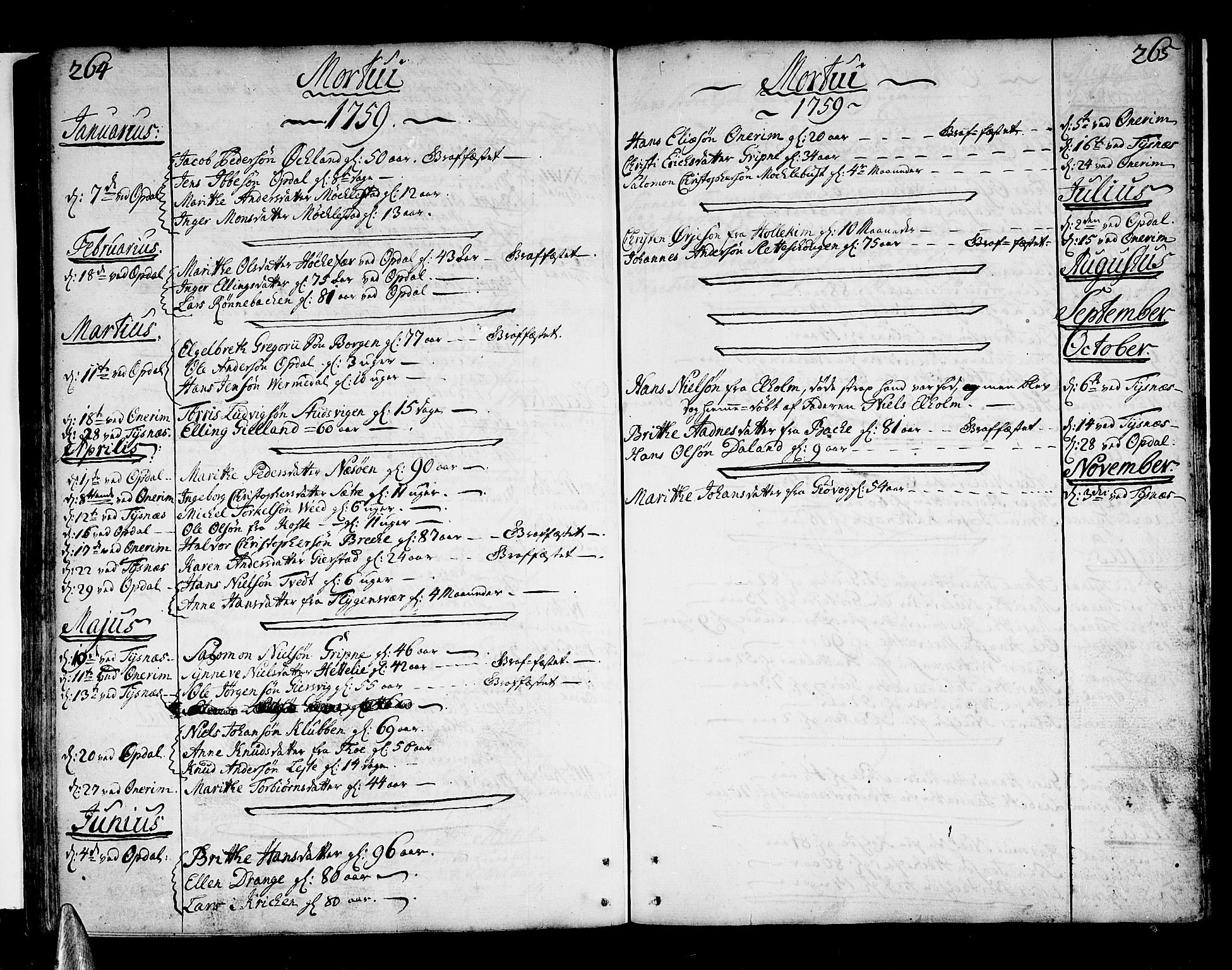 Tysnes sokneprestembete, SAB/A-78601/H/Haa: Parish register (official) no. A 4, 1750-1761, p. 264-265