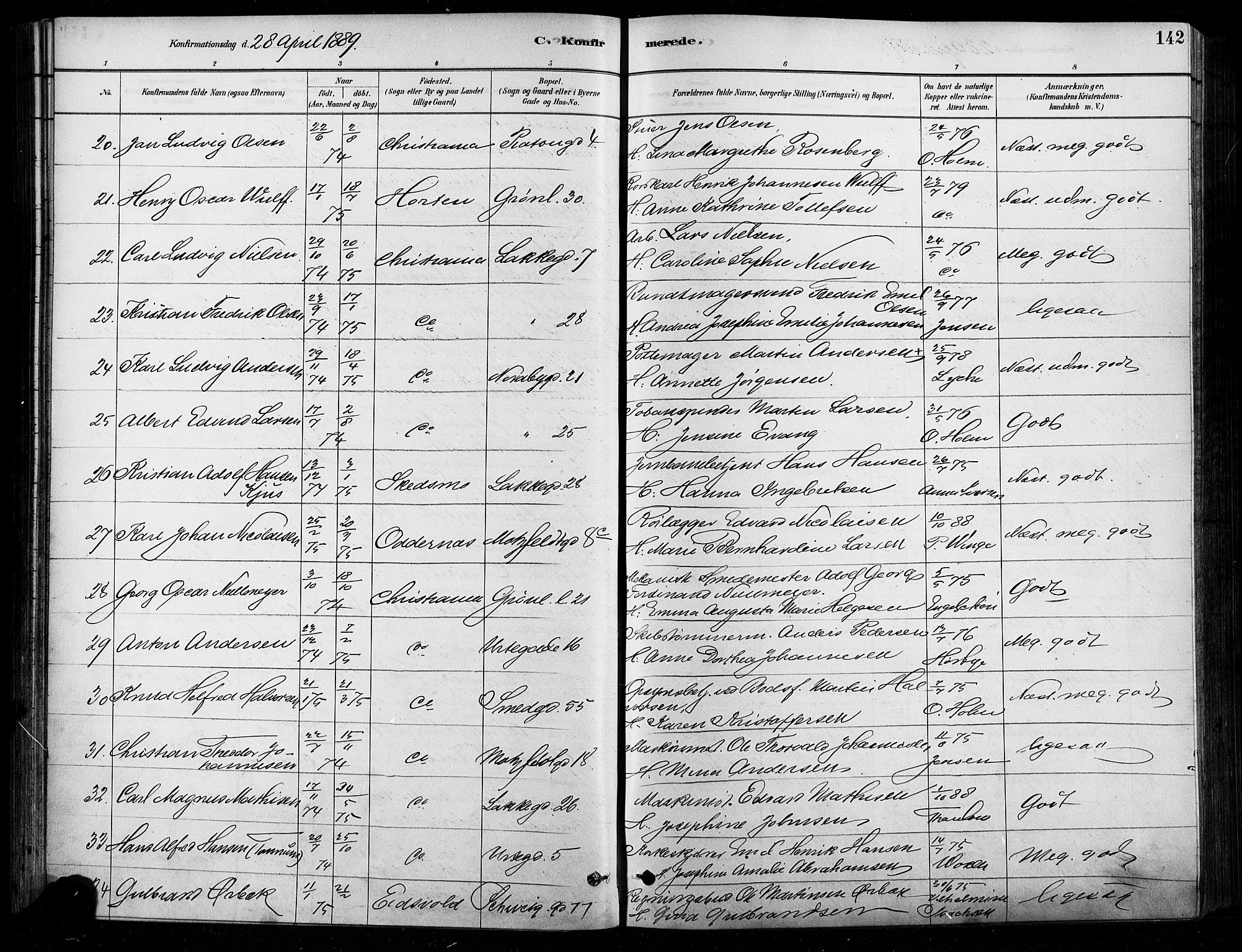 Grønland prestekontor Kirkebøker, AV/SAO-A-10848/F/Fa/L0008: Parish register (official) no. 8, 1881-1893, p. 142