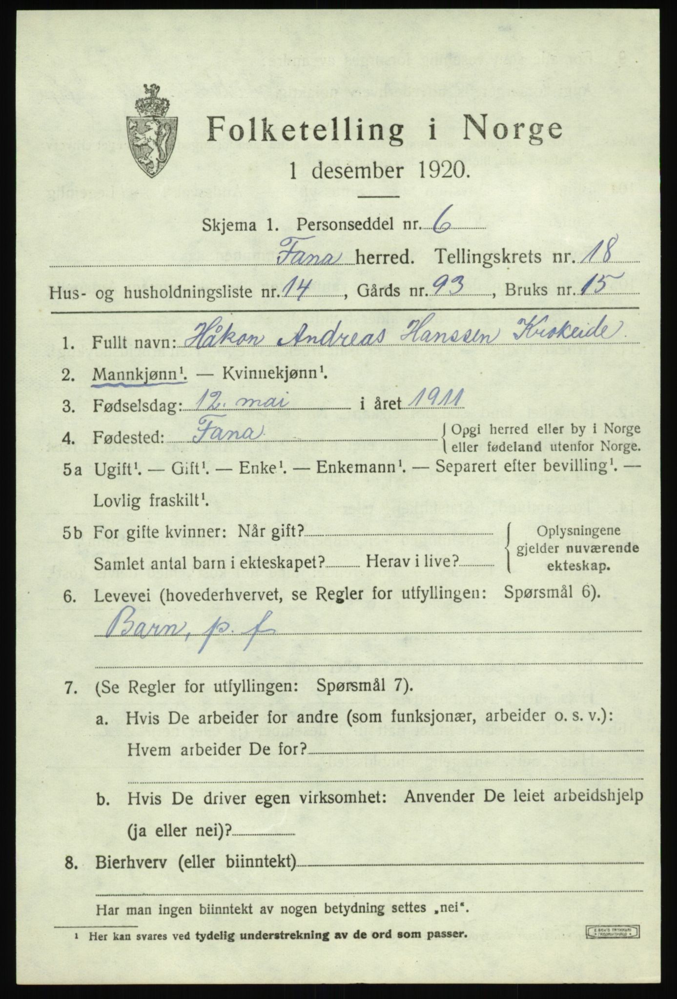 SAB, 1920 census for Fana, 1920, p. 22629