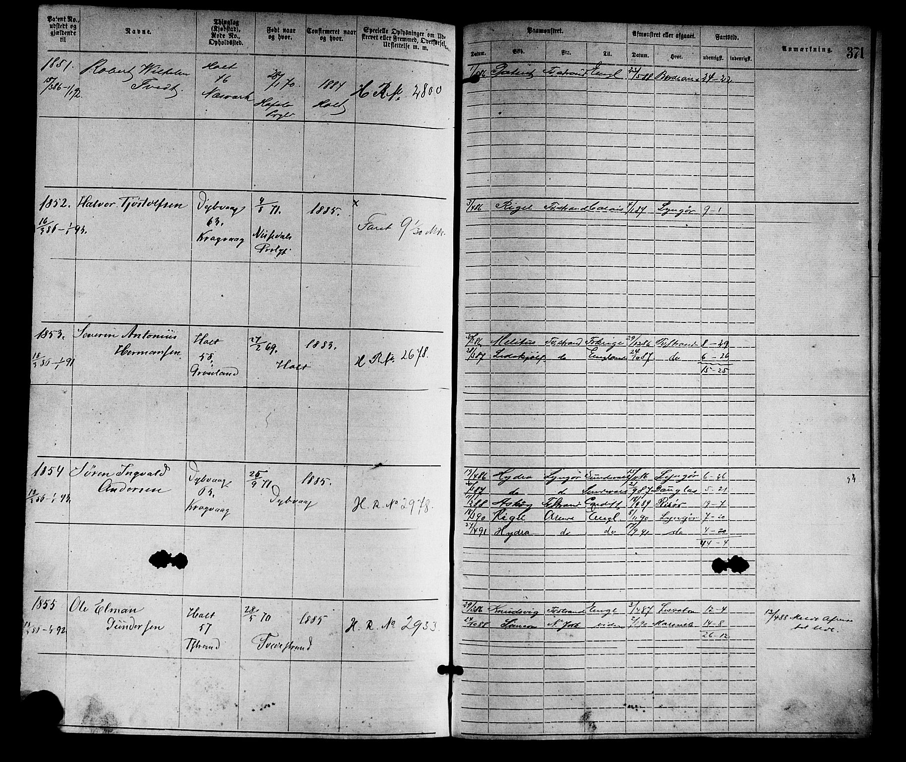 Tvedestrand mønstringskrets, SAK/2031-0011/F/Fa/L0001: Annotasjonsrulle nr 1-1905 med register, R-1, 1866-1886, p. 397