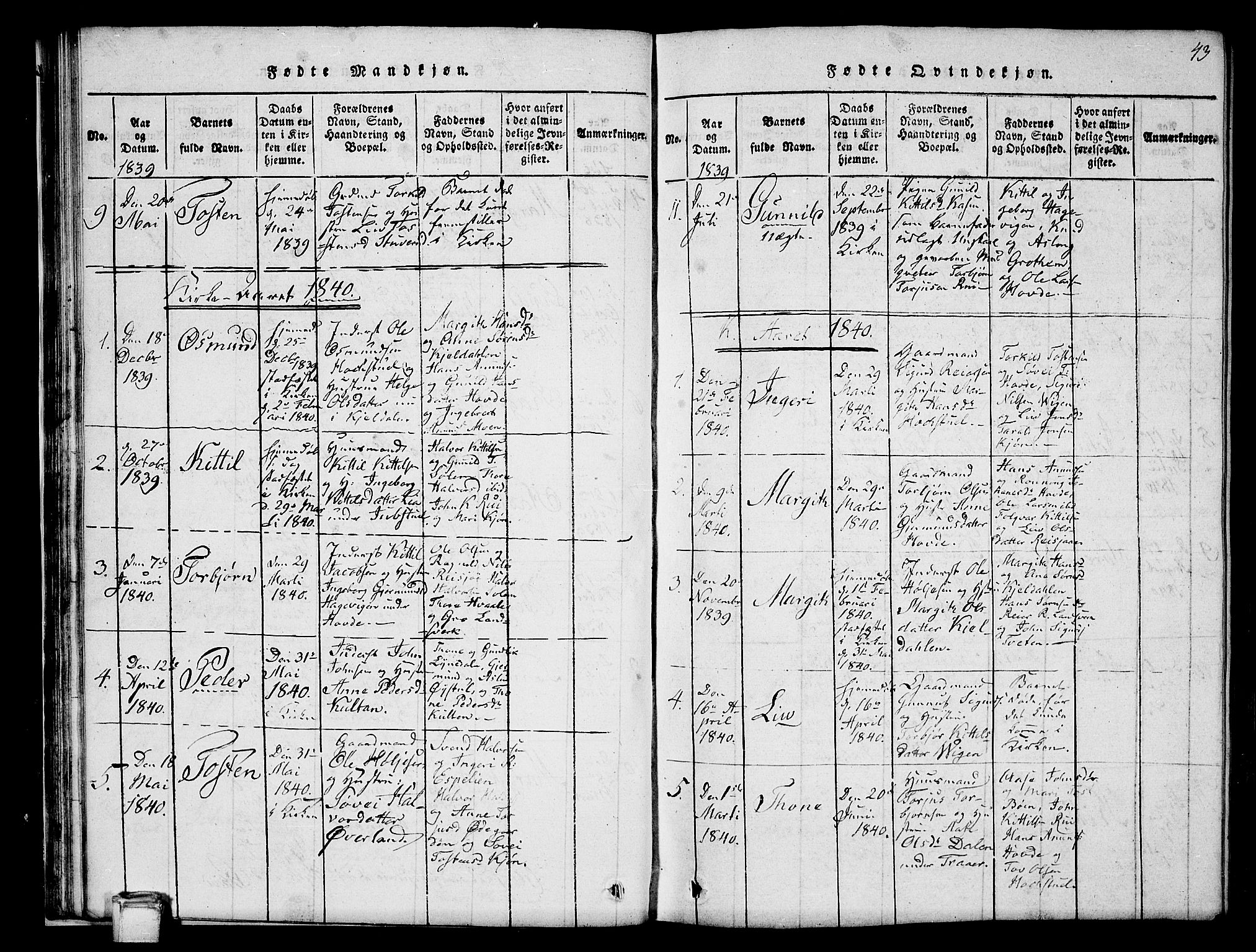 Hjartdal kirkebøker, SAKO/A-270/G/Gc/L0001: Parish register (copy) no. III 1, 1815-1842, p. 43