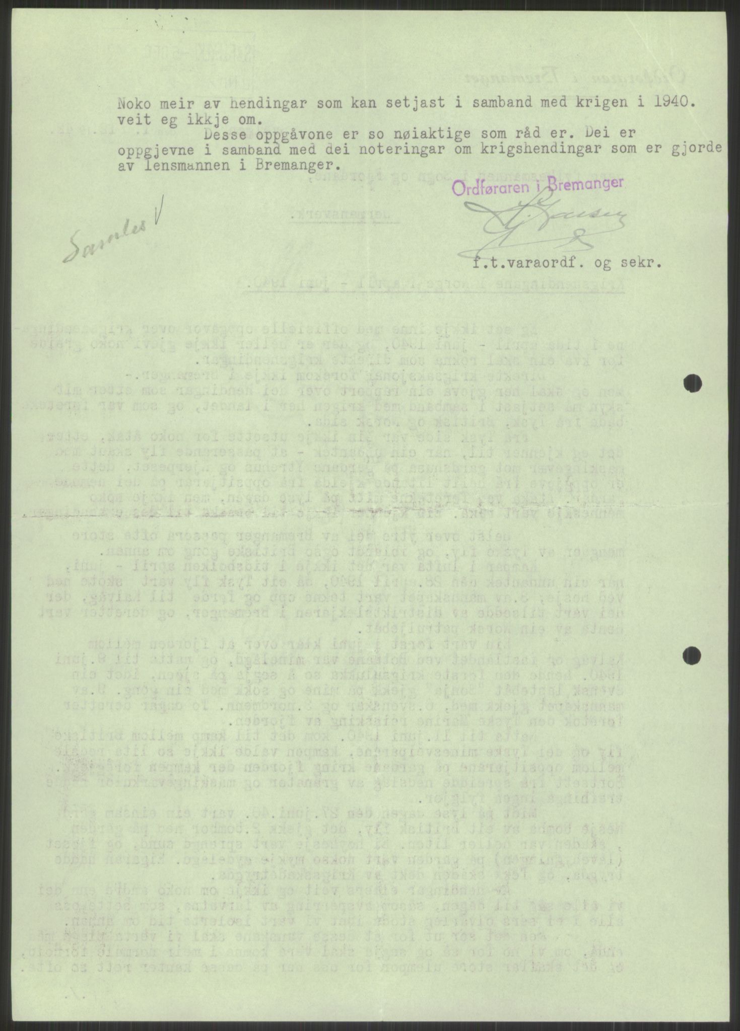 Forsvaret, Forsvarets krigshistoriske avdeling, AV/RA-RAFA-2017/Y/Ya/L0015: II-C-11-31 - Fylkesmenn.  Rapporter om krigsbegivenhetene 1940., 1940, p. 514