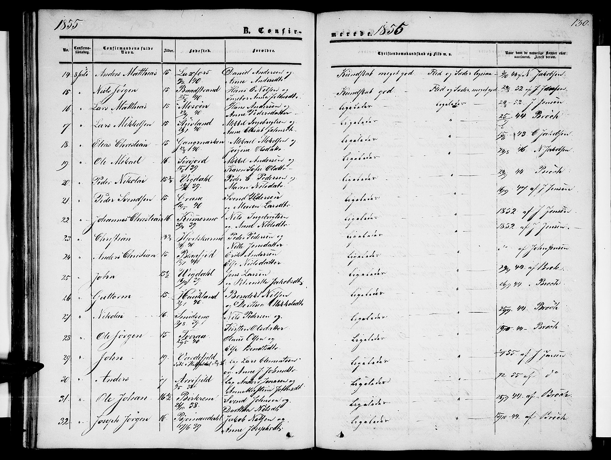 Ministerialprotokoller, klokkerbøker og fødselsregistre - Nordland, AV/SAT-A-1459/820/L0301: Parish register (copy) no. 820C03, 1851-1858, p. 130