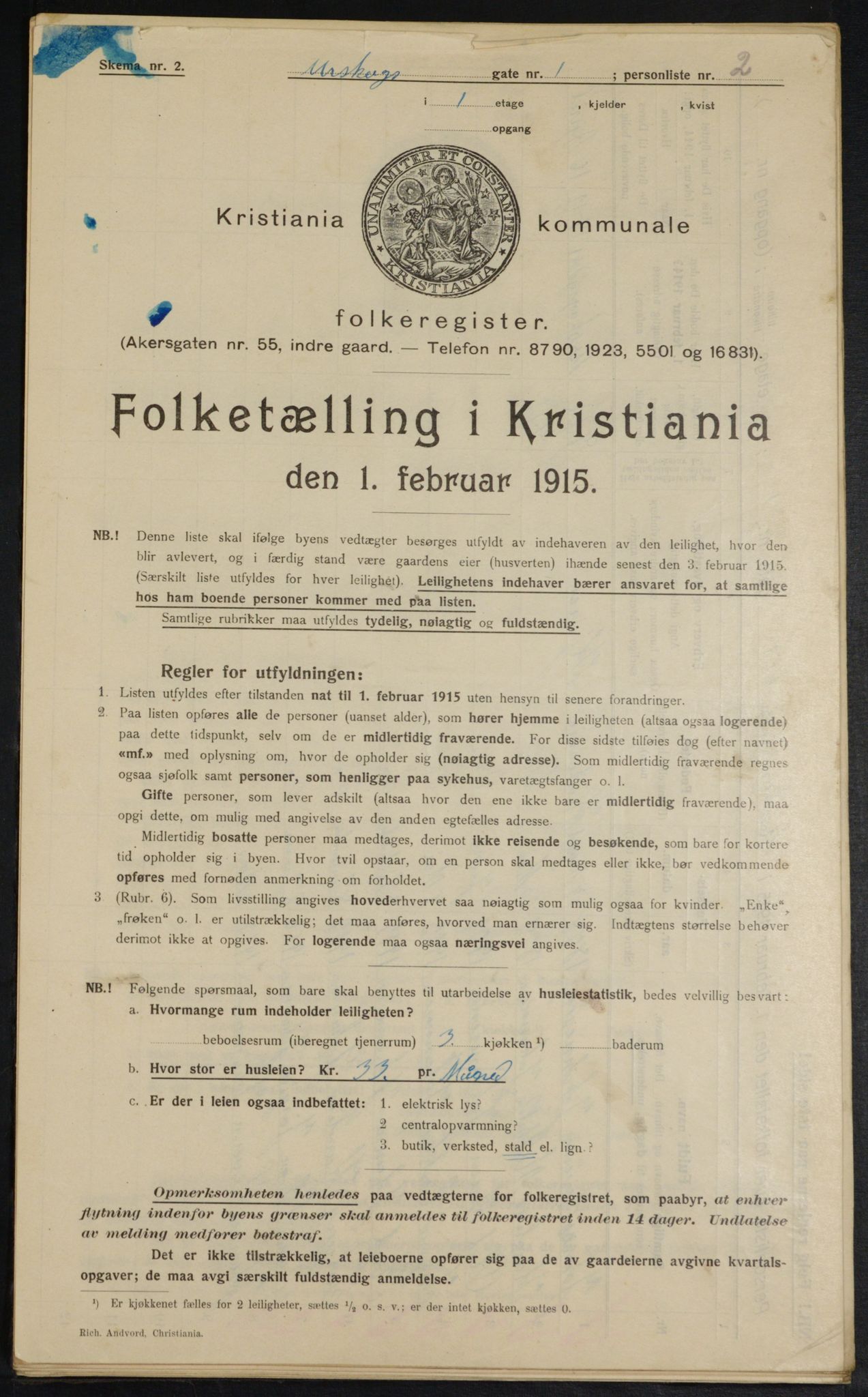 OBA, Municipal Census 1915 for Kristiania, 1915, p. 2613