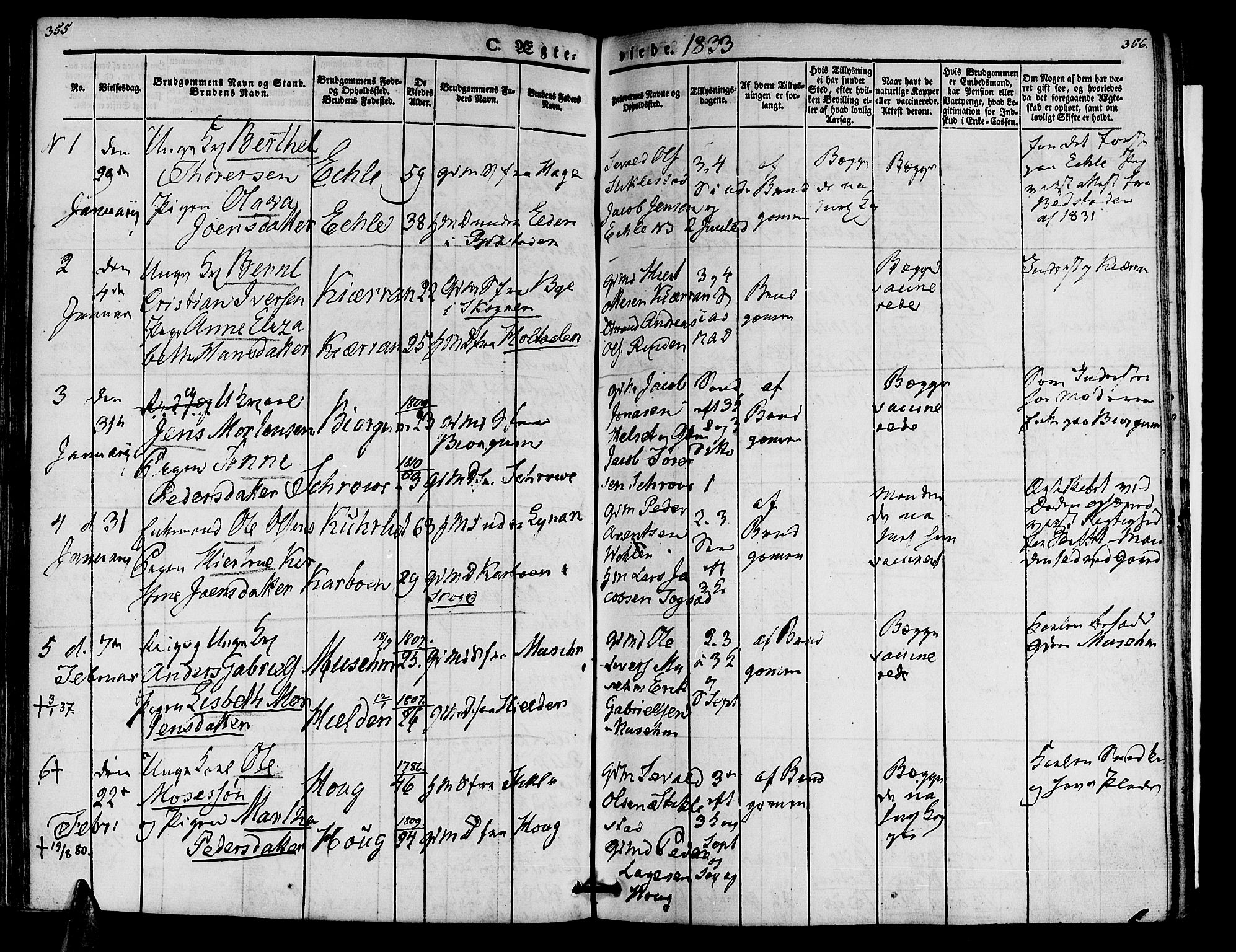 Ministerialprotokoller, klokkerbøker og fødselsregistre - Nord-Trøndelag, SAT/A-1458/723/L0238: Parish register (official) no. 723A07, 1831-1840, p. 355-356