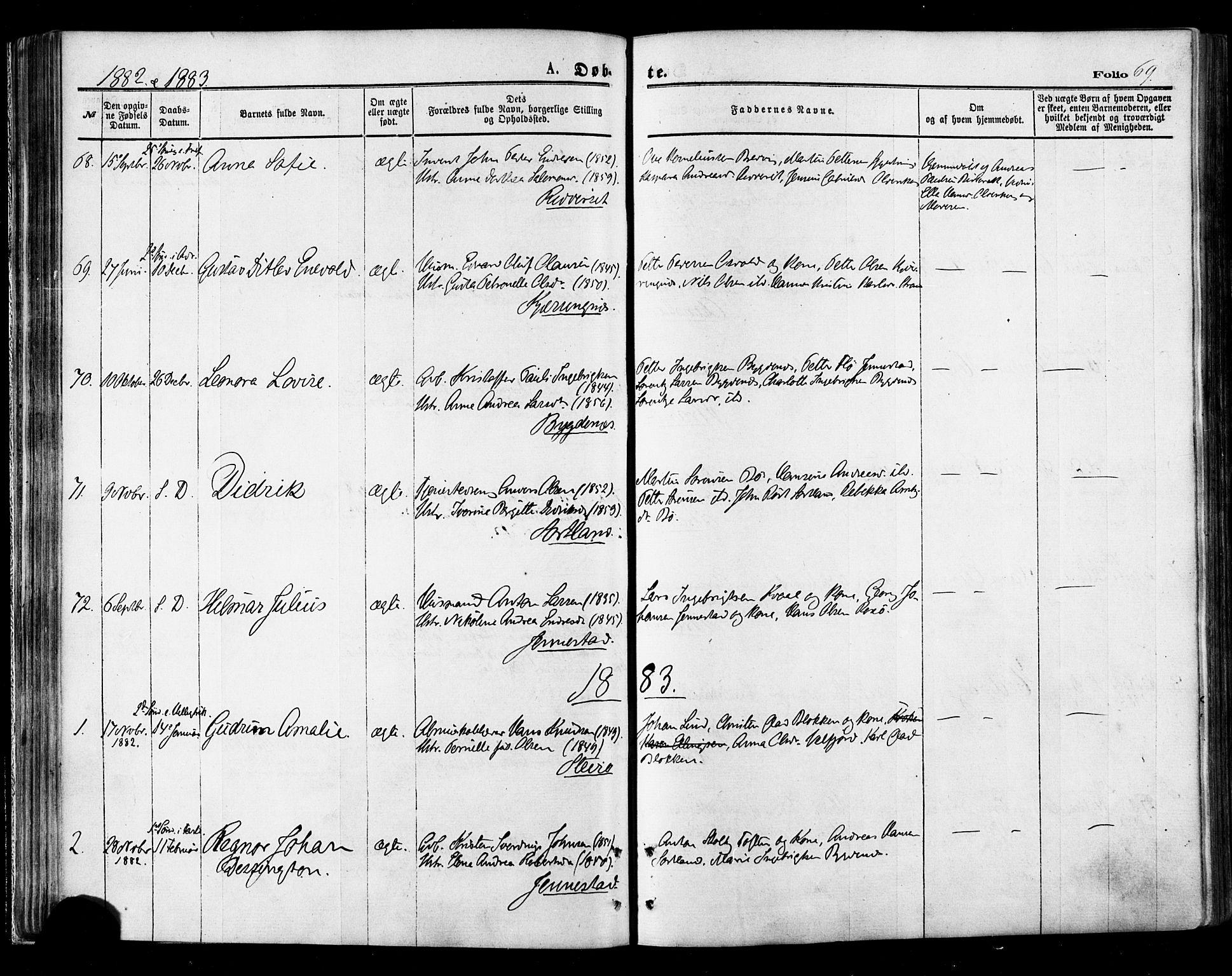 Ministerialprotokoller, klokkerbøker og fødselsregistre - Nordland, AV/SAT-A-1459/895/L1370: Parish register (official) no. 895A05, 1873-1884, p. 69