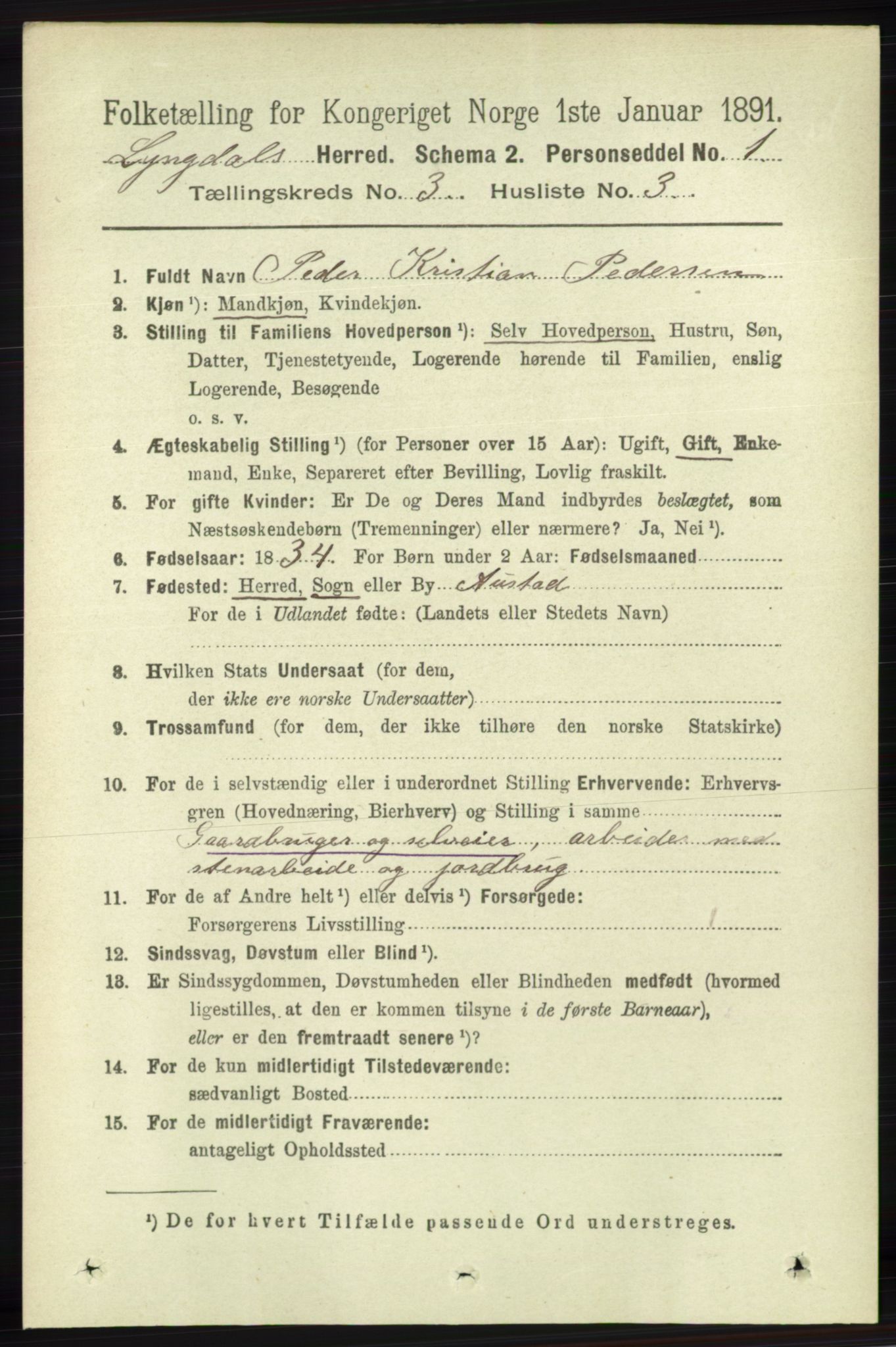 RA, 1891 census for 1032 Lyngdal, 1891, p. 1092