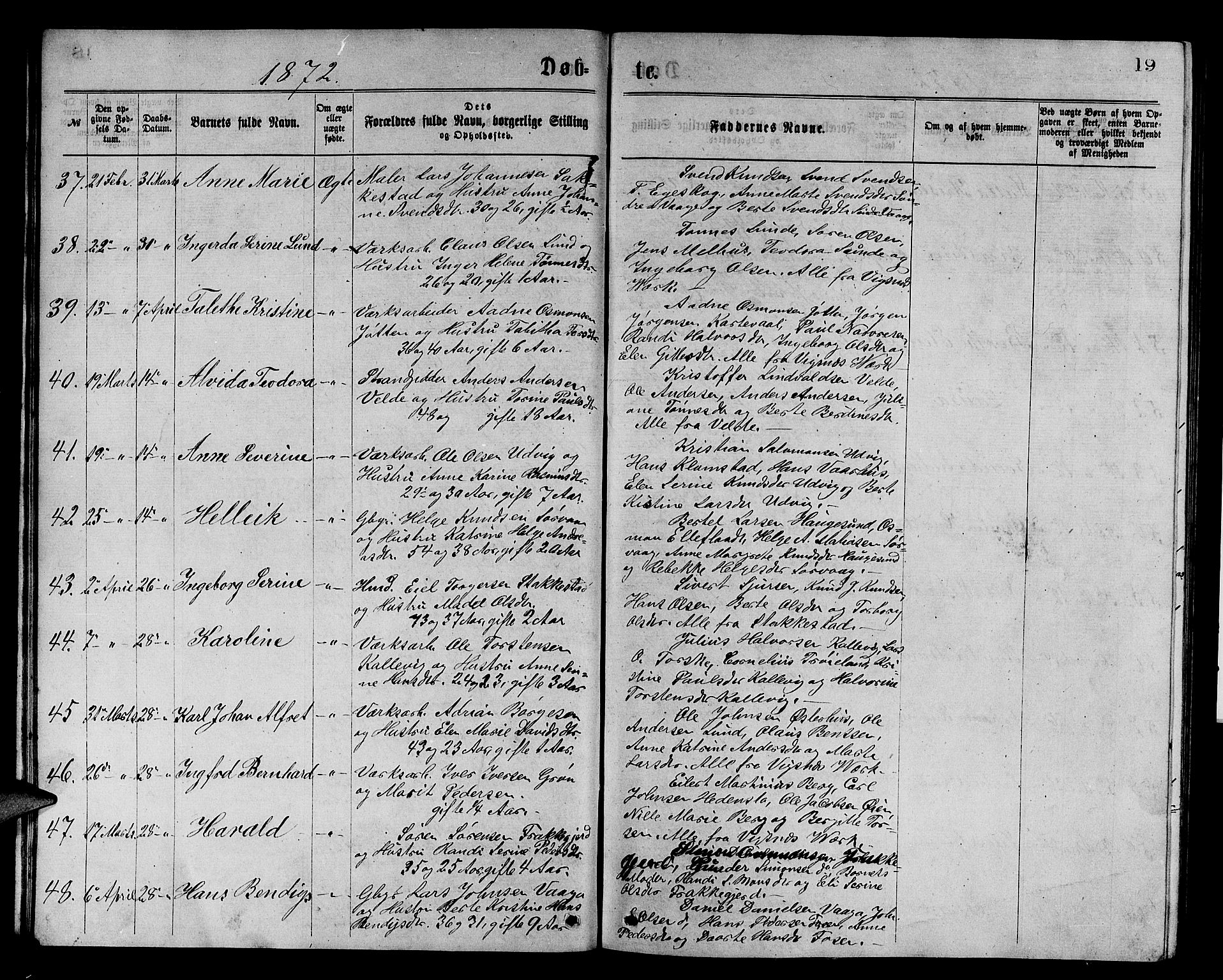 Avaldsnes sokneprestkontor, SAST/A -101851/H/Ha/Hab/L0005: Parish register (copy) no. B 5, 1871-1885, p. 19