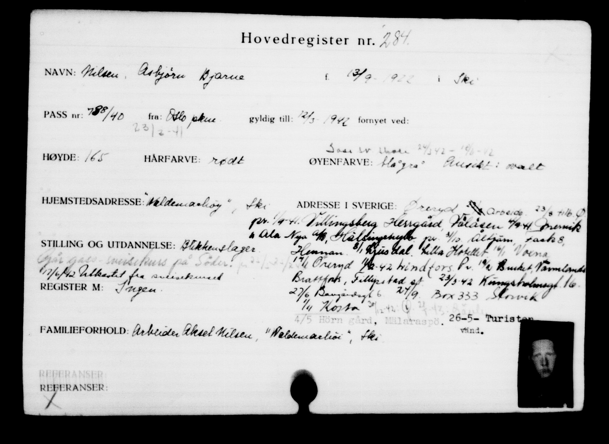 Utenriksstasjonene, Legasjonen i Stockholm, Flyktningkontoret, AV/RA-S-6753/V/Va/L0001: Kjesäterkartoteket, flyktninger med registreringsnr. 1-1000, 1940-1945, p. 455
