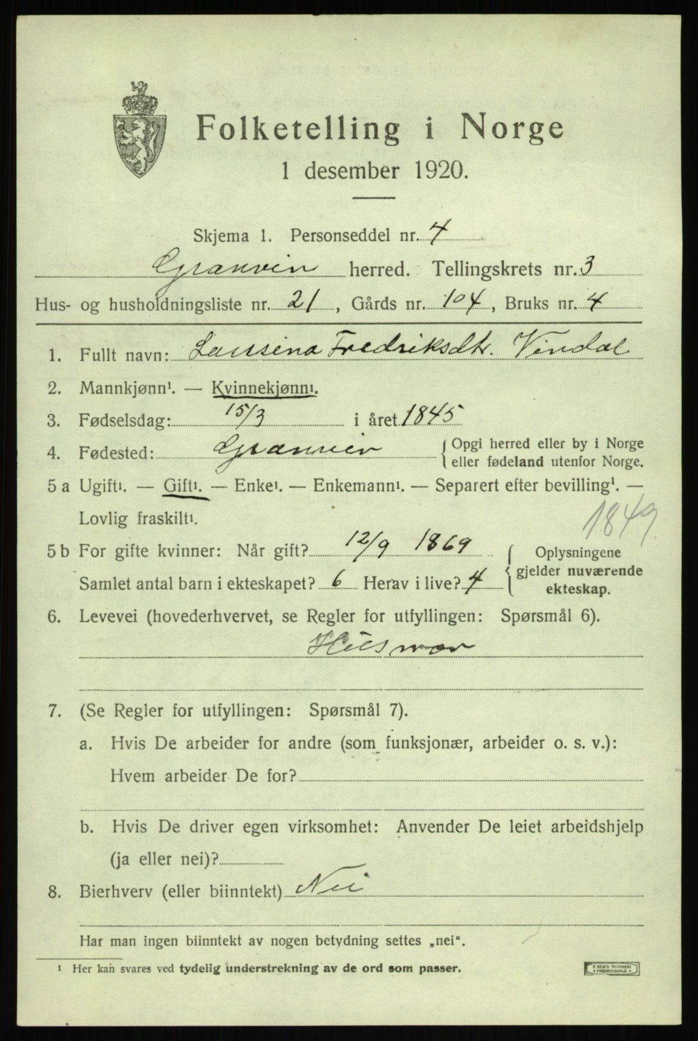 SAB, 1920 census for Granvin, 1920, p. 1376