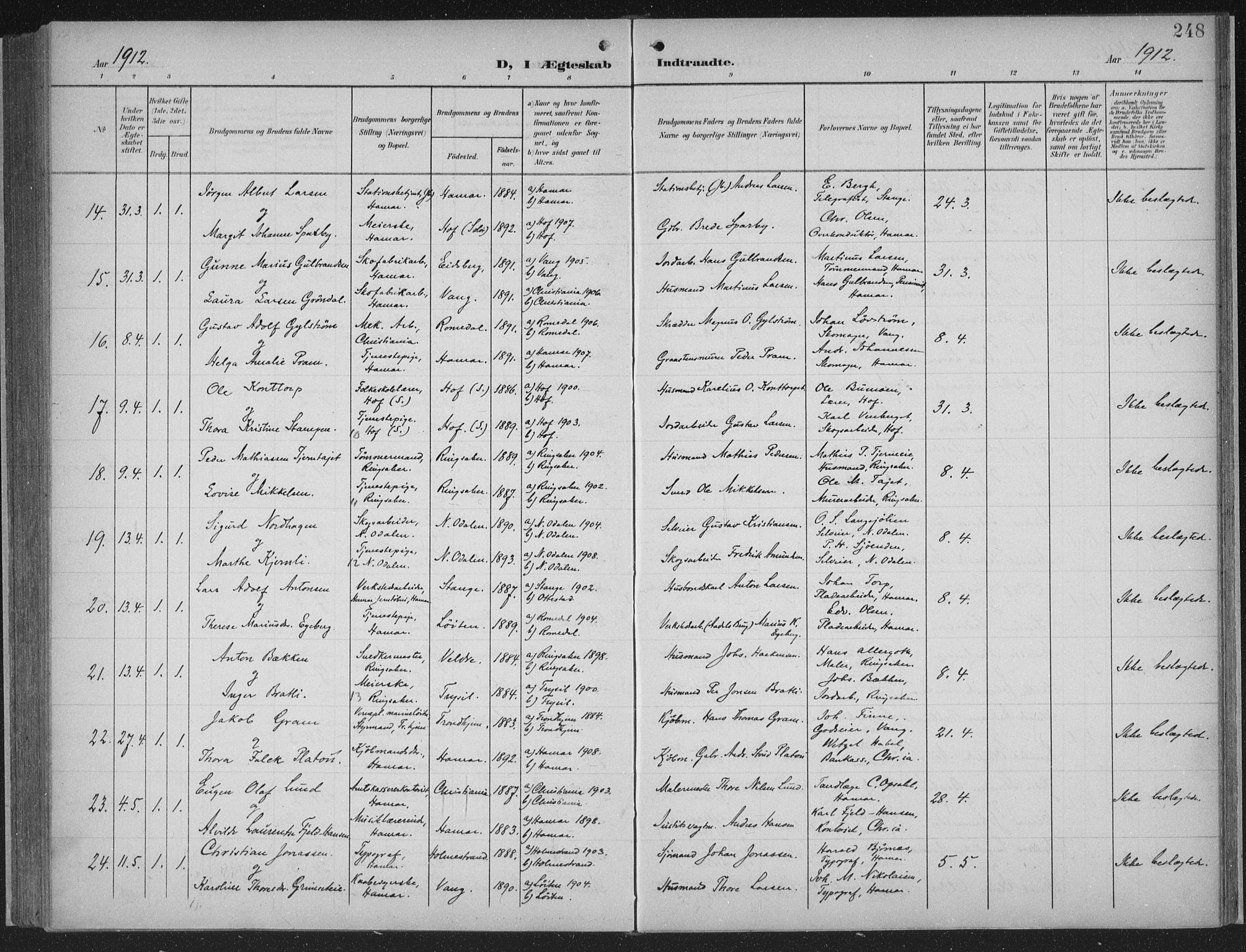 Hamar prestekontor, AV/SAH-DOMPH-002/H/Ha/Haa/L0001: Parish register (official) no. 1, 1900-1914, p. 248