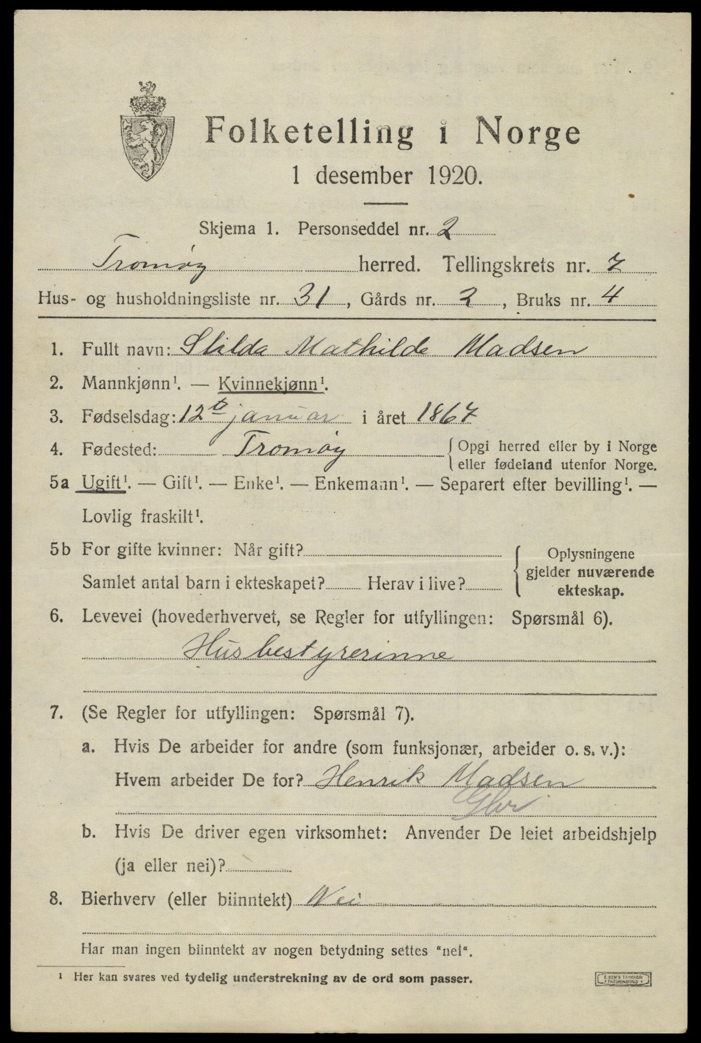 SAK, 1920 census for Tromøy, 1920, p. 5349