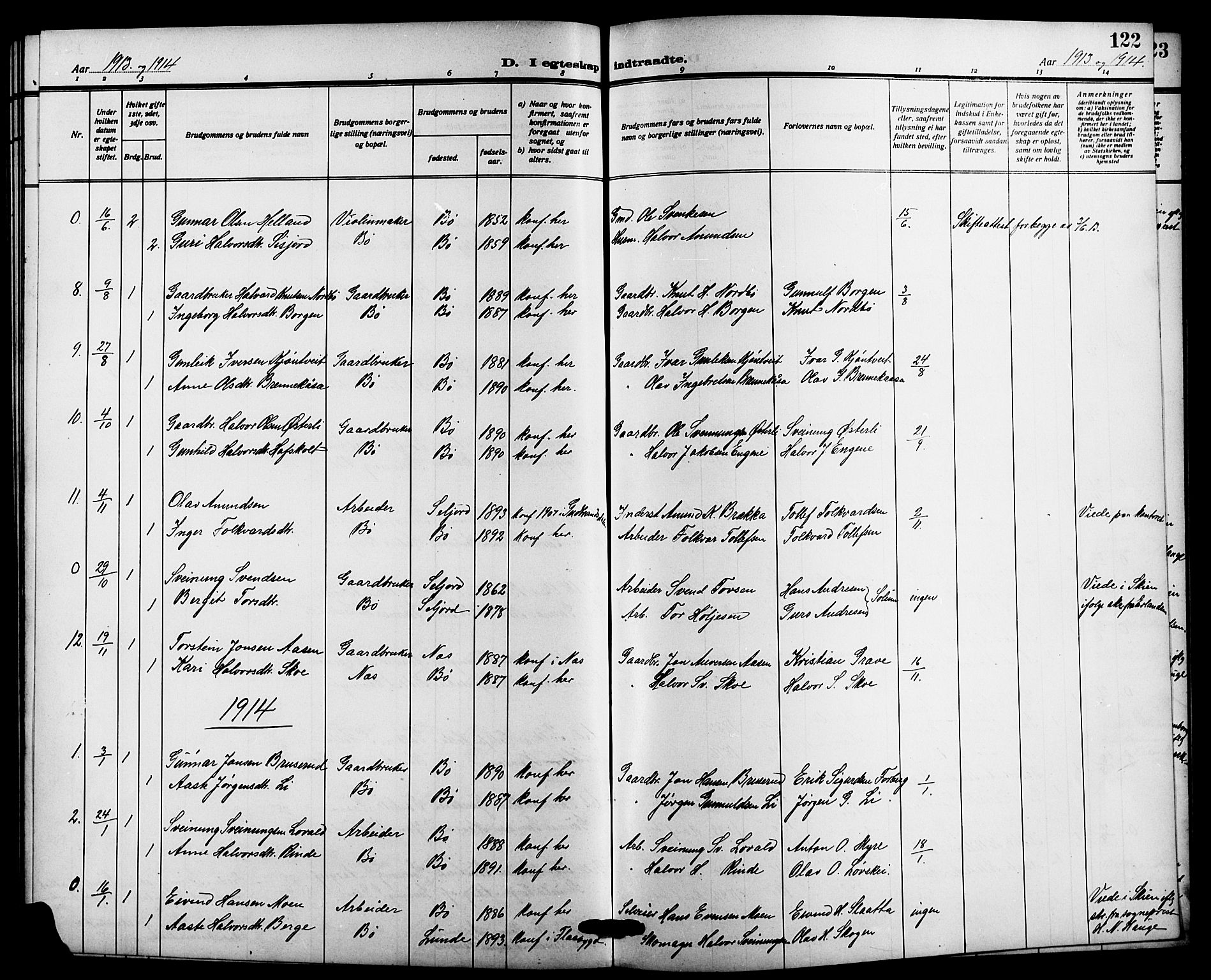 Bø kirkebøker, SAKO/A-257/G/Ga/L0007: Parish register (copy) no. 7, 1909-1924, p. 122
