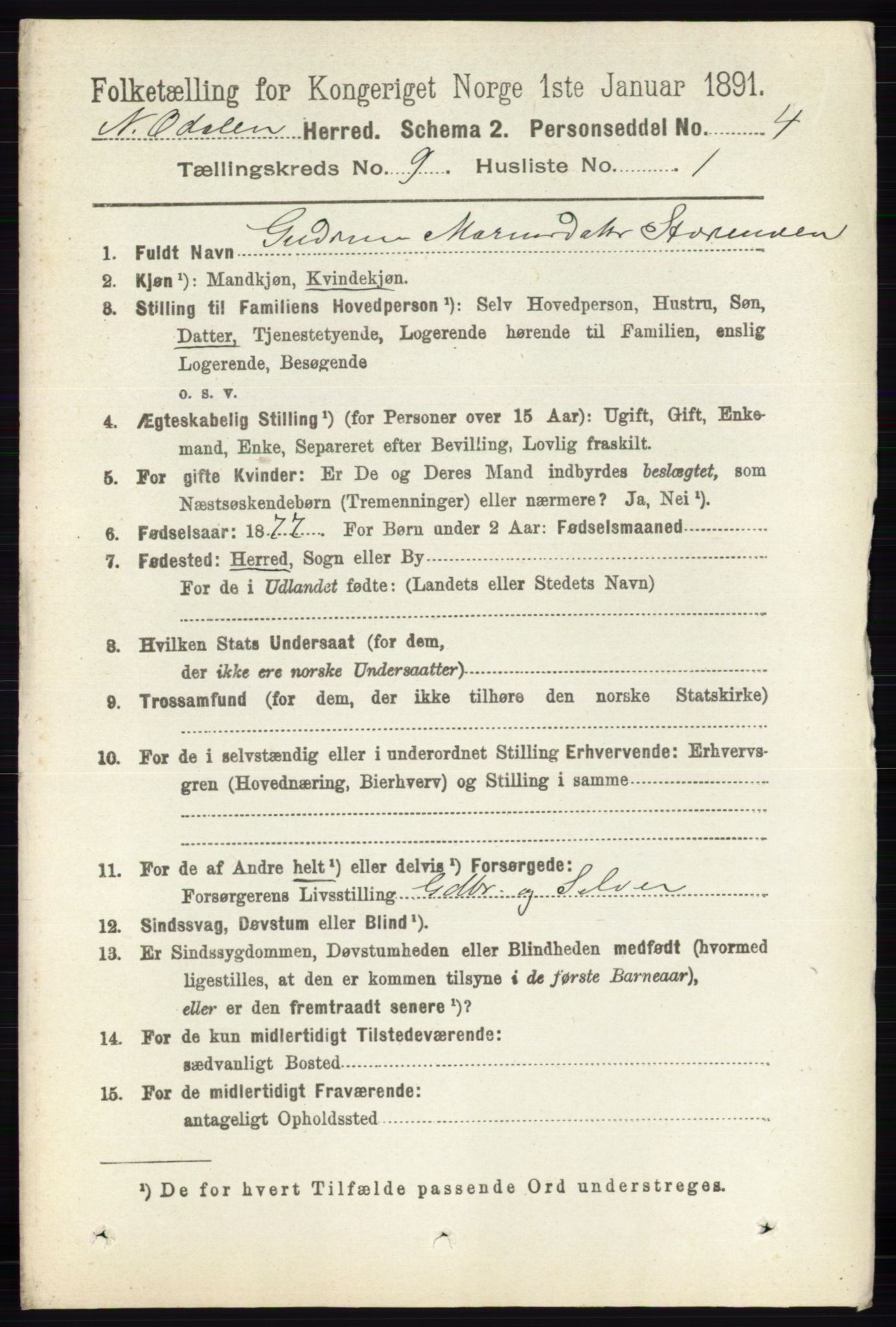 RA, 1891 census for 0418 Nord-Odal, 1891, p. 4007