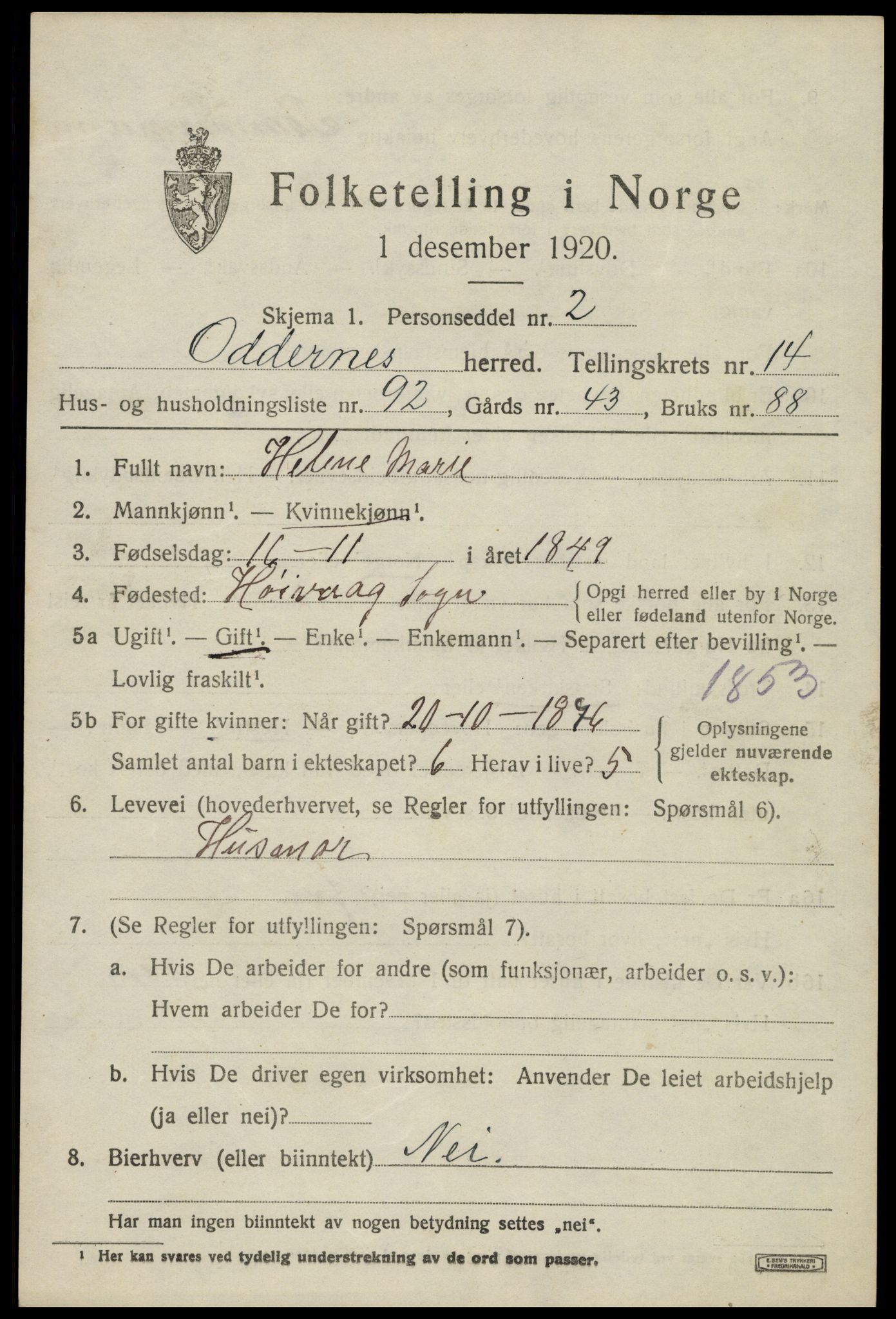 SAK, 1920 census for Oddernes, 1920, p. 9675