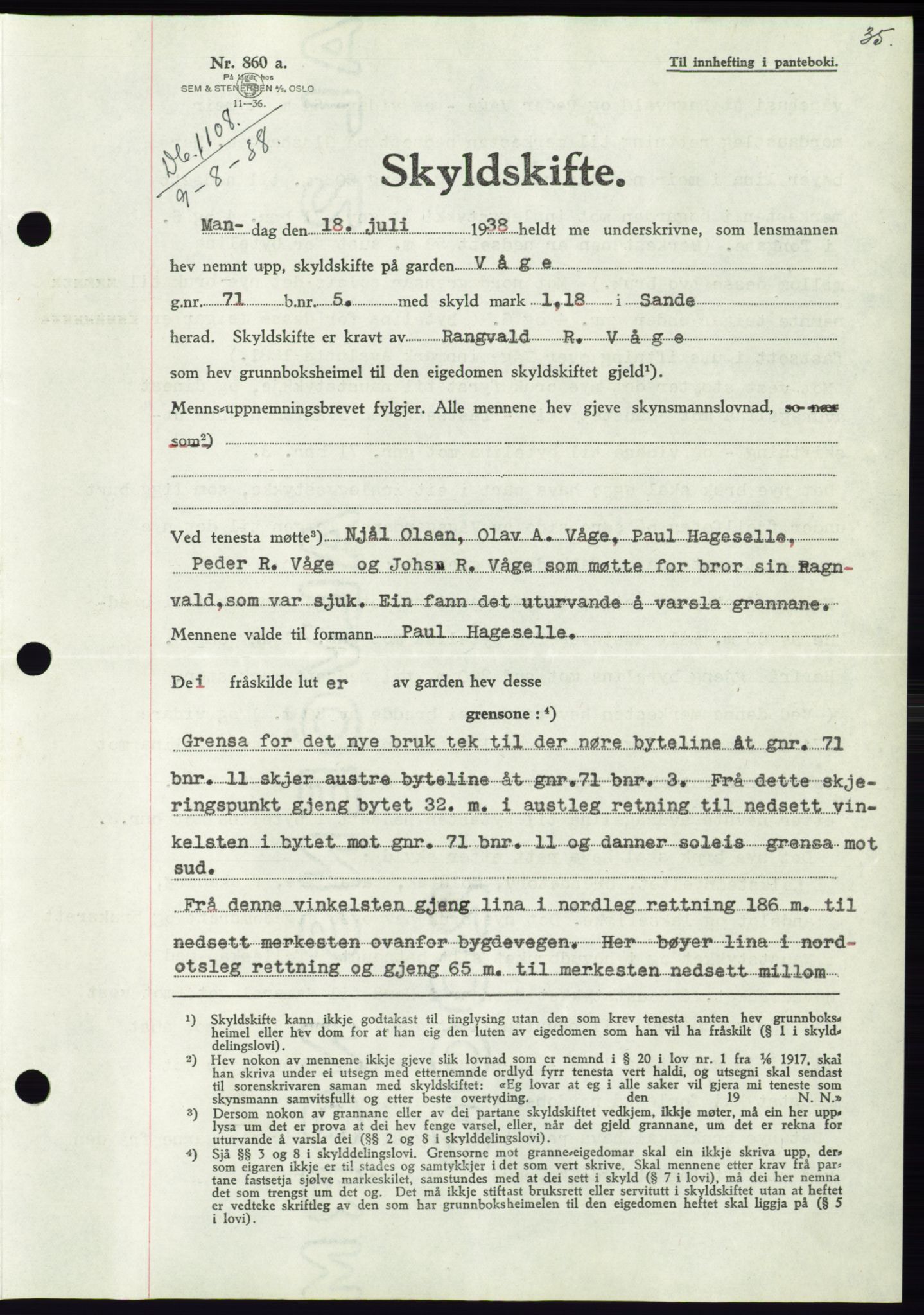 Søre Sunnmøre sorenskriveri, AV/SAT-A-4122/1/2/2C/L0066: Mortgage book no. 60, 1938-1938, Diary no: : 1108/1938