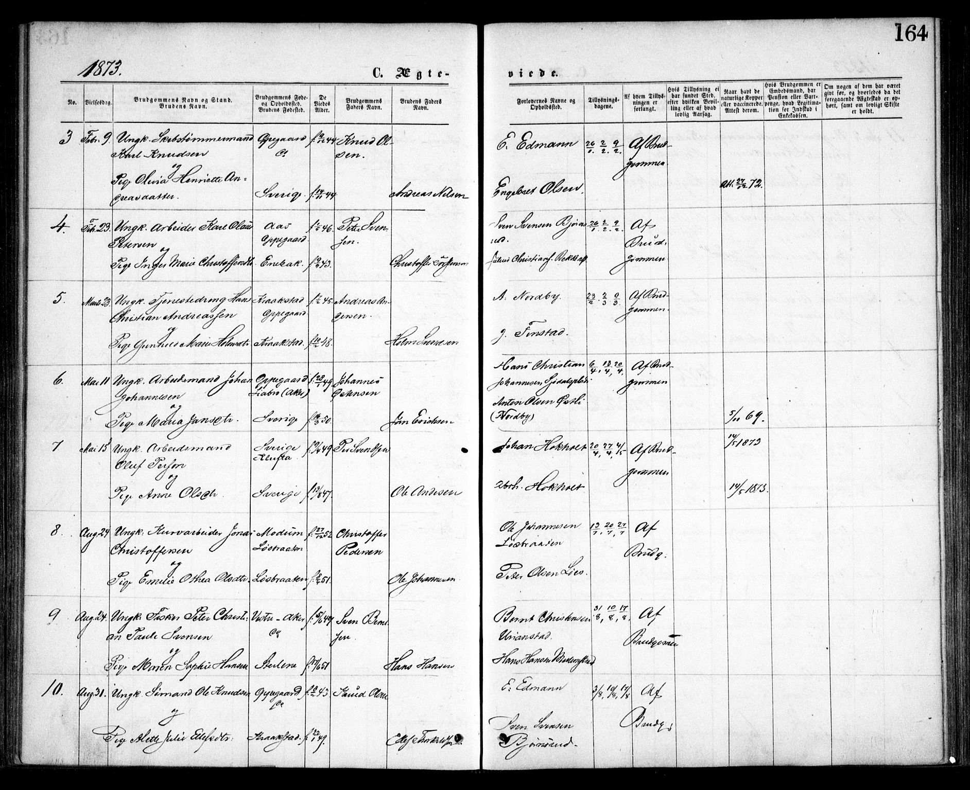 Nesodden prestekontor Kirkebøker, AV/SAO-A-10013/F/Fa/L0008: Parish register (official) no. I 8, 1869-1879, p. 164