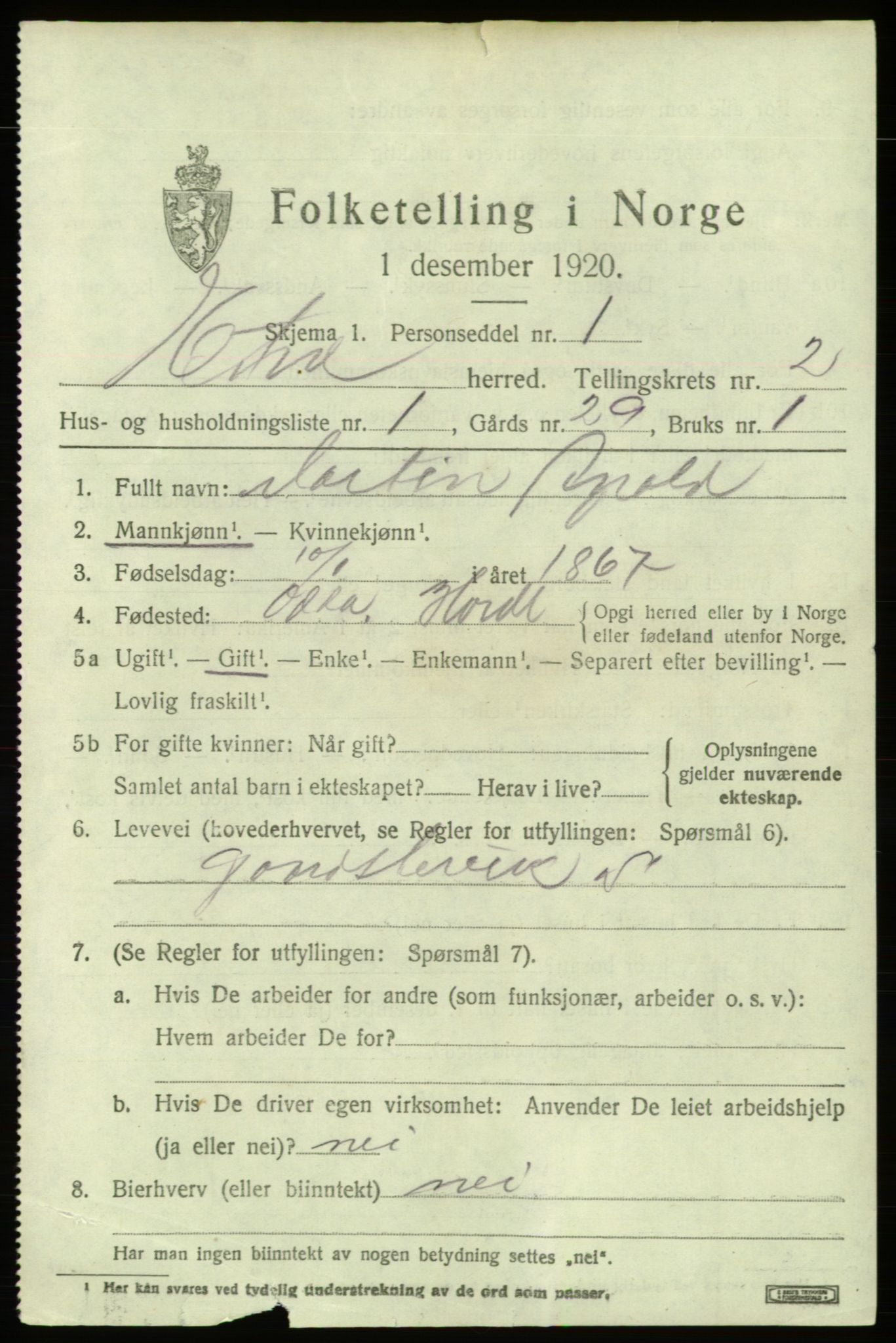 SAB, 1920 census for Etne, 1920, p. 1185