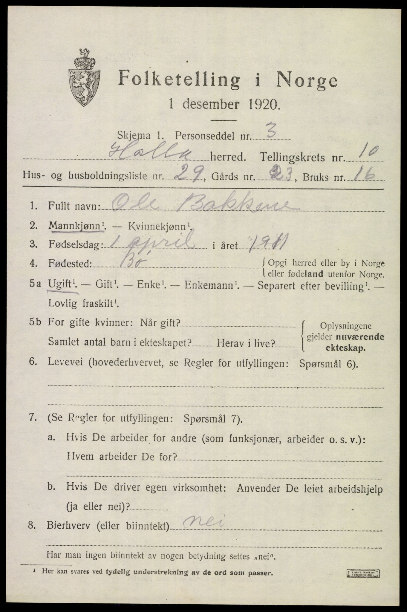 SAKO, 1920 census for Holla, 1920, p. 6399