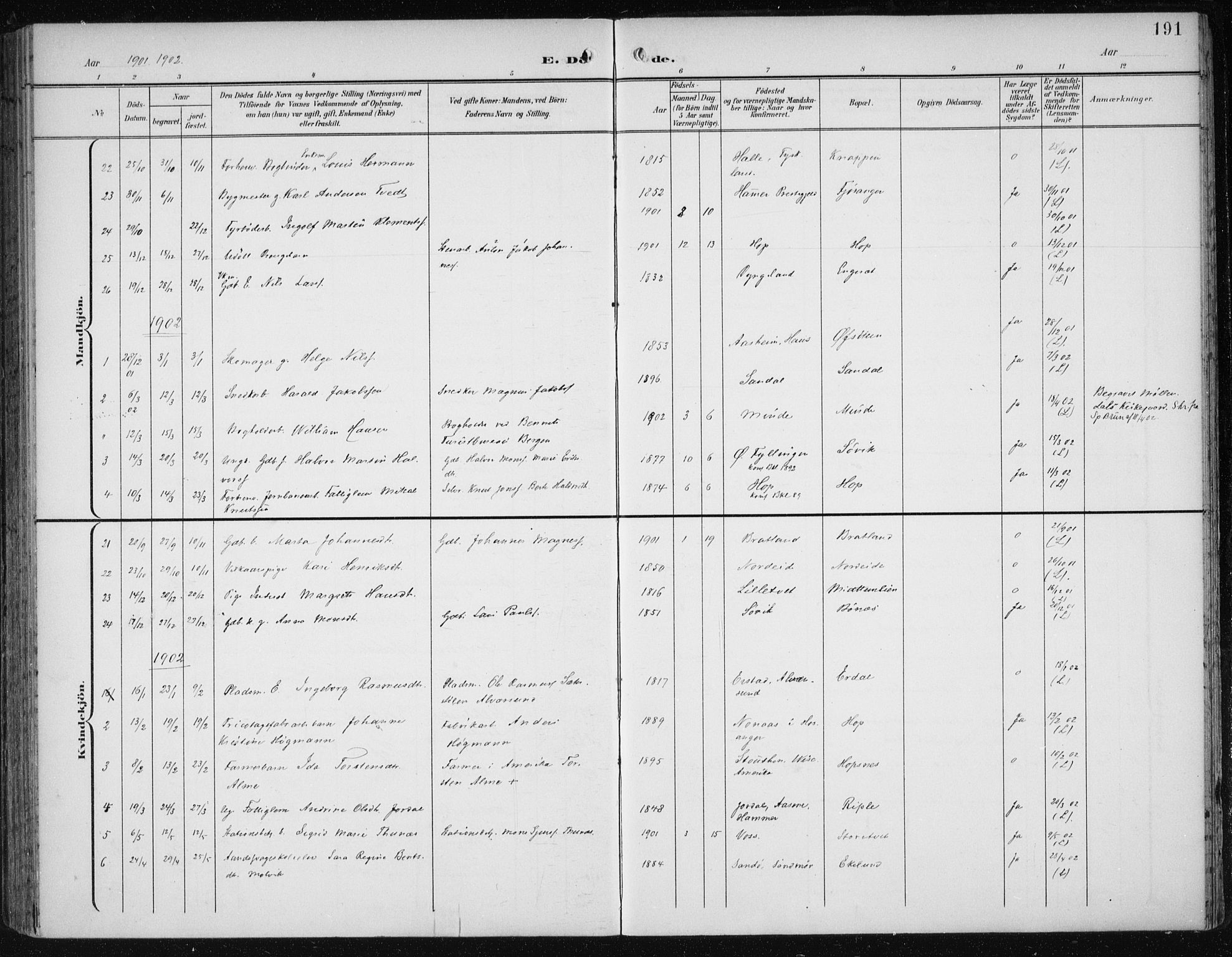 Fana Sokneprestembete, SAB/A-75101/H/Haa/Haai/L0003: Parish register (official) no. I 3, 1900-1912, p. 191