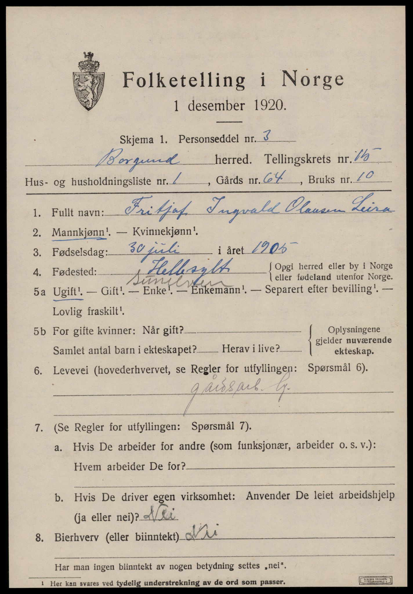 SAT, 1920 census for Borgund, 1920, p. 11262