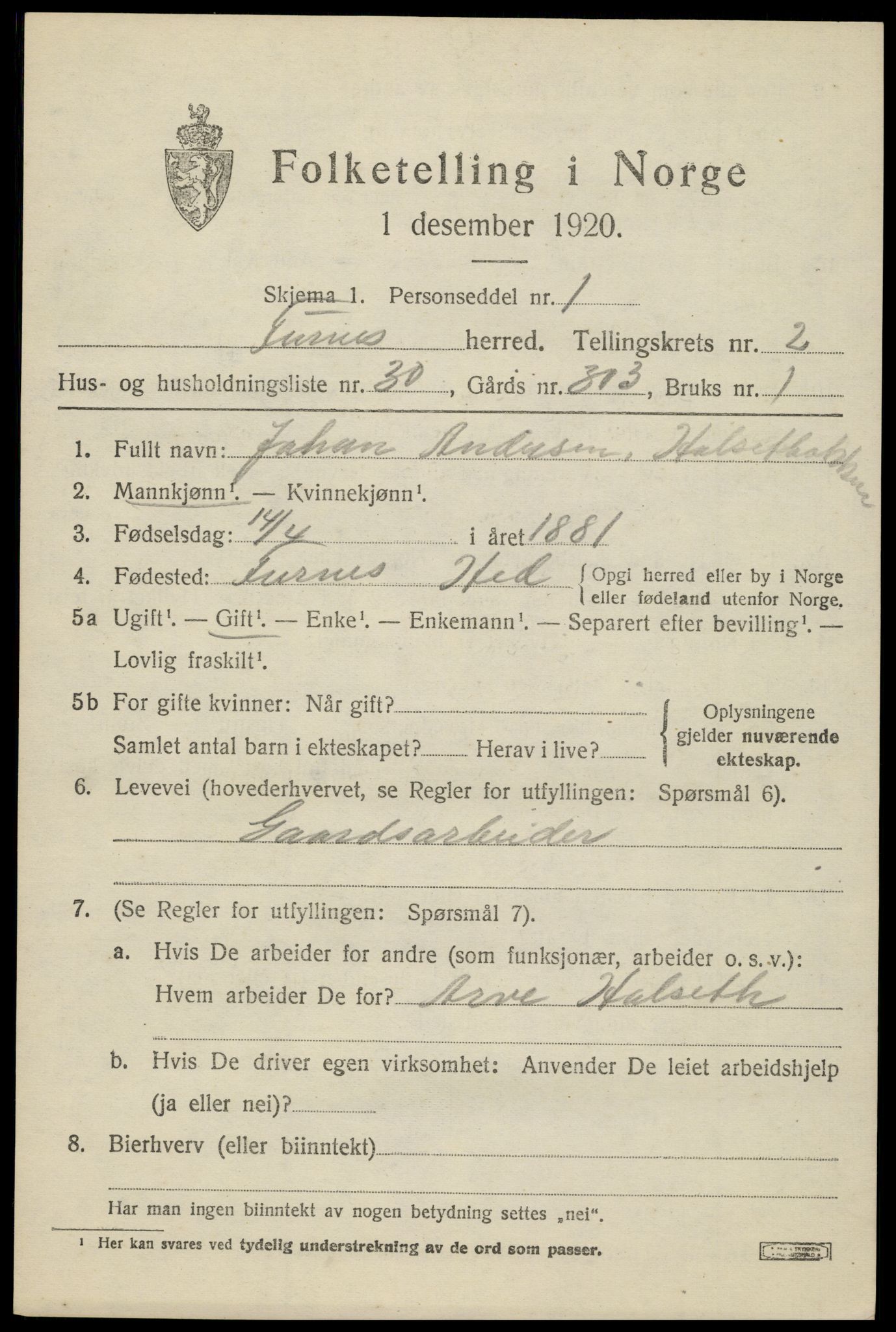 SAH, 1920 census for Furnes, 1920, p. 3401