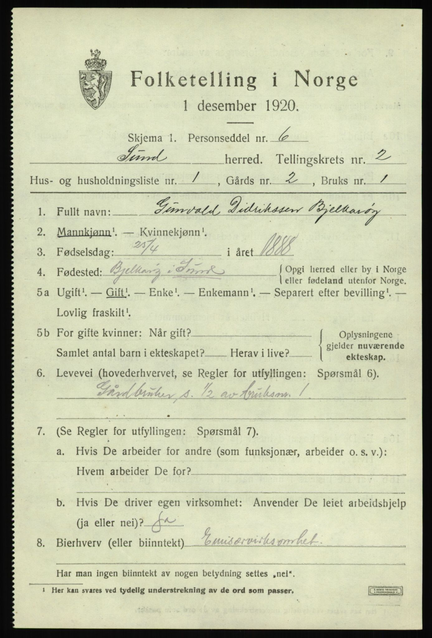 SAB, 1920 census for Sund, 1920, p. 1503