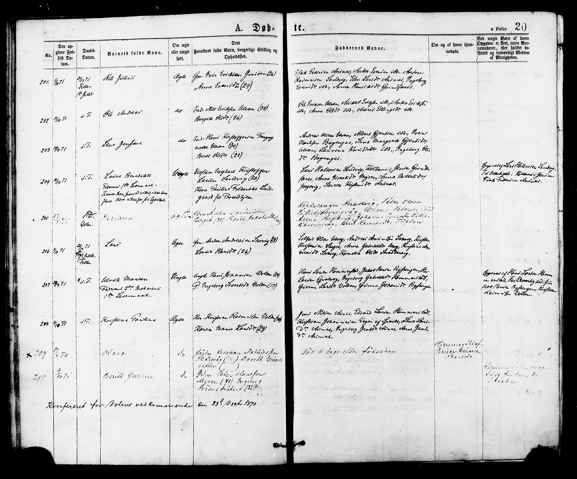 Ministerialprotokoller, klokkerbøker og fødselsregistre - Sør-Trøndelag, SAT/A-1456/634/L0532: Parish register (official) no. 634A08, 1871-1881, p. 20