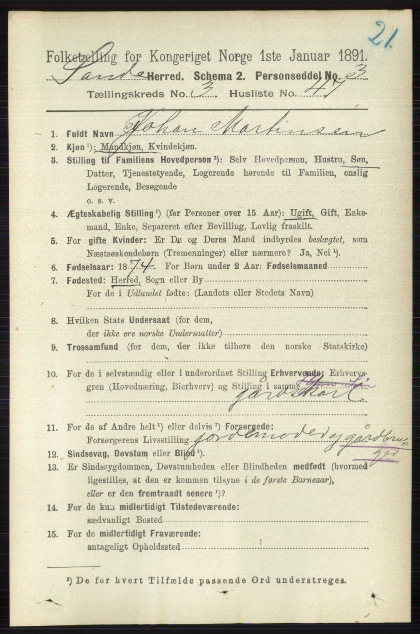 RA, 1891 census for 0713 Sande, 1891, p. 1218