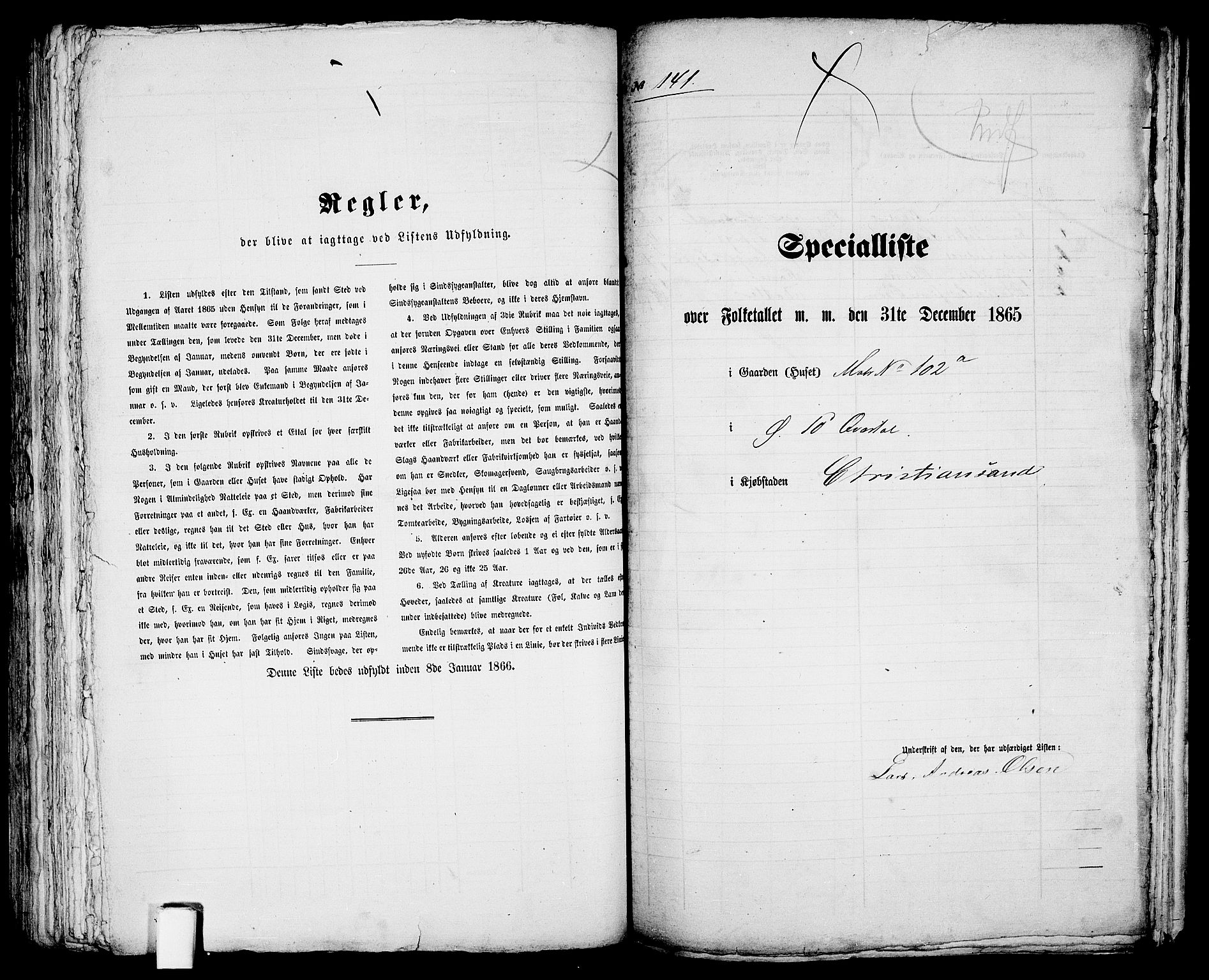 RA, 1865 census for Kristiansand, 1865, p. 296