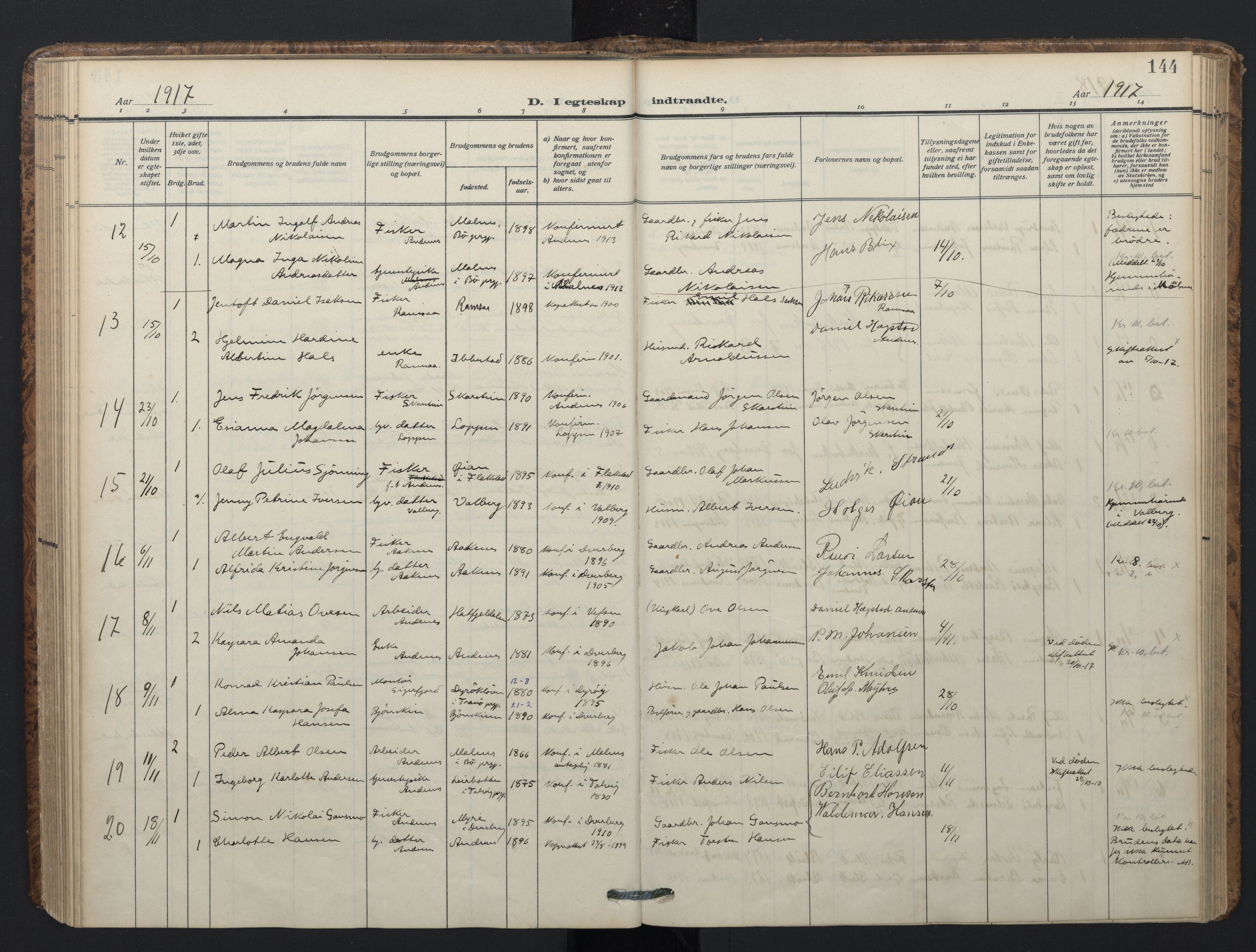 Ministerialprotokoller, klokkerbøker og fødselsregistre - Nordland, SAT/A-1459/899/L1438: Parish register (official) no. 899A06, 1909-1922, p. 144