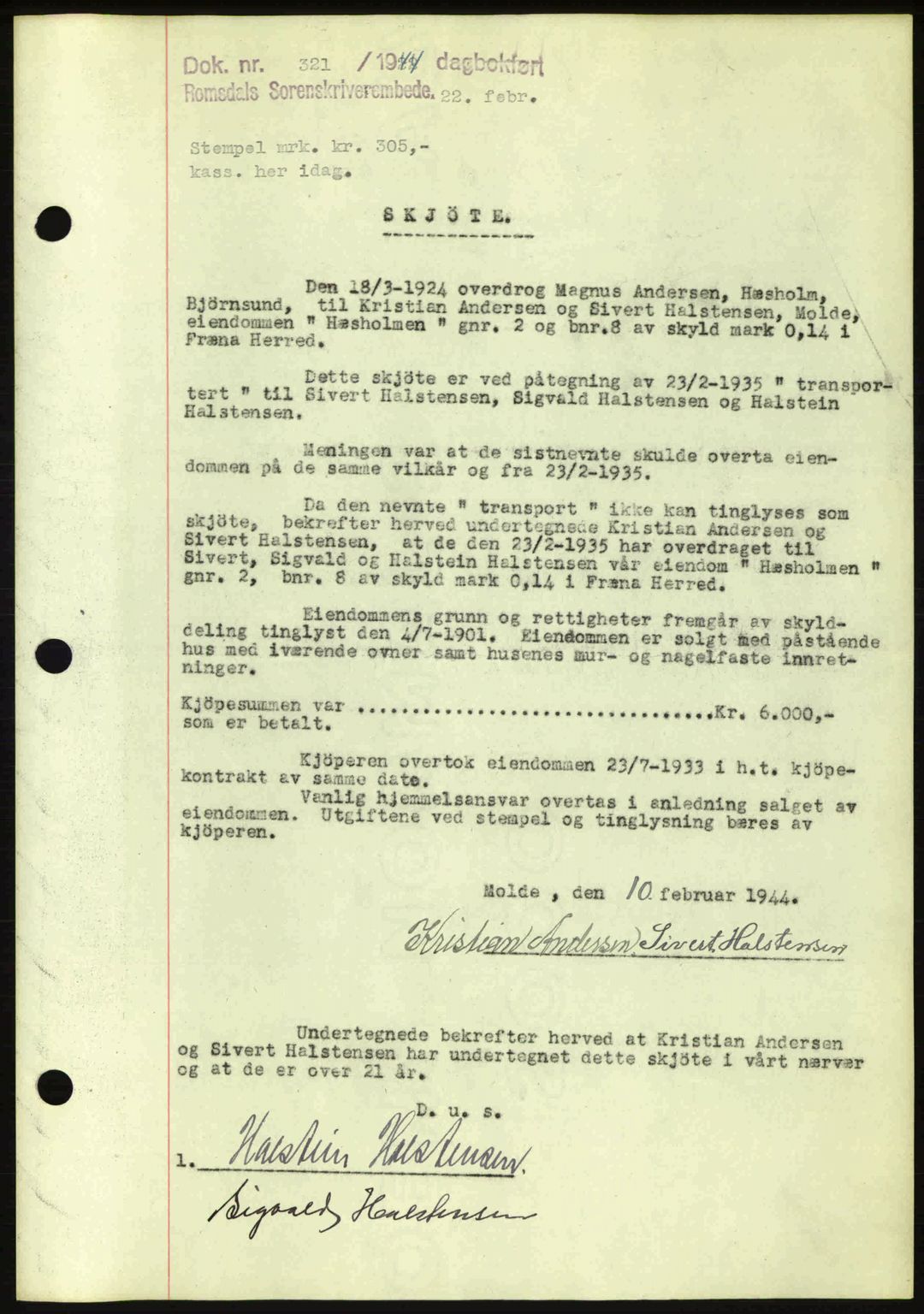 Romsdal sorenskriveri, AV/SAT-A-4149/1/2/2C: Mortgage book no. A15, 1943-1944, Diary no: : 321/1944