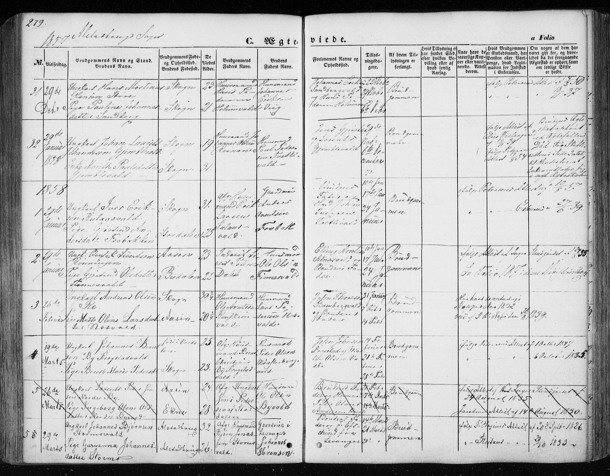 Ministerialprotokoller, klokkerbøker og fødselsregistre - Nord-Trøndelag, SAT/A-1458/717/L0154: Parish register (official) no. 717A07 /1, 1850-1862, p. 279