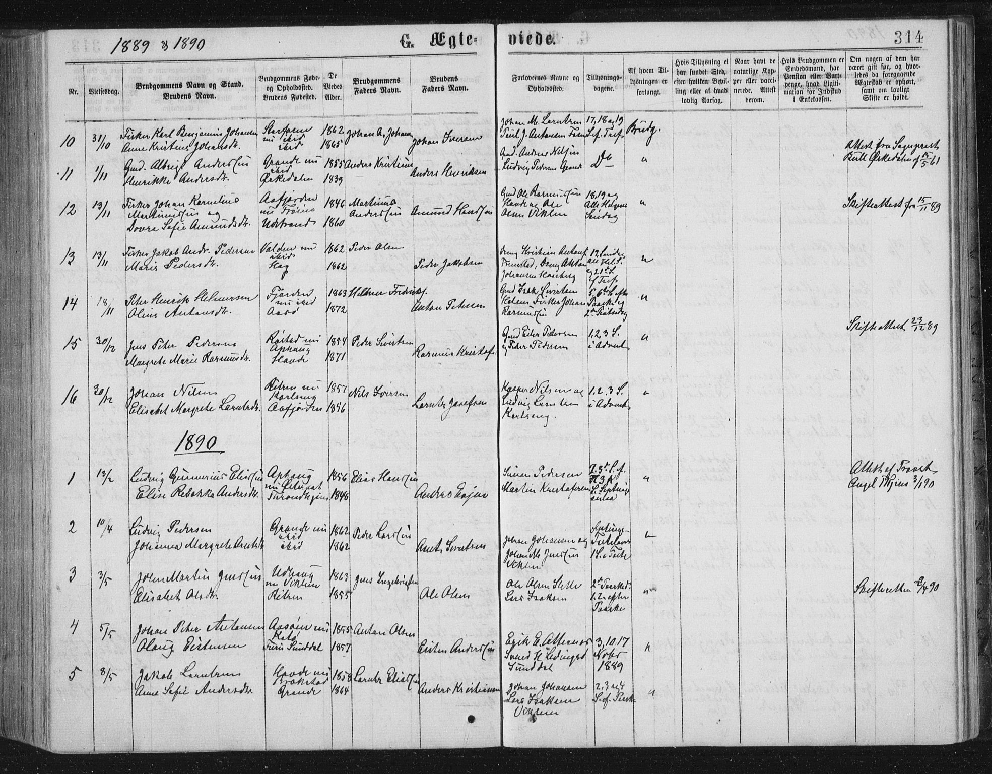 Ministerialprotokoller, klokkerbøker og fødselsregistre - Sør-Trøndelag, SAT/A-1456/659/L0745: Parish register (copy) no. 659C02, 1869-1892, p. 314