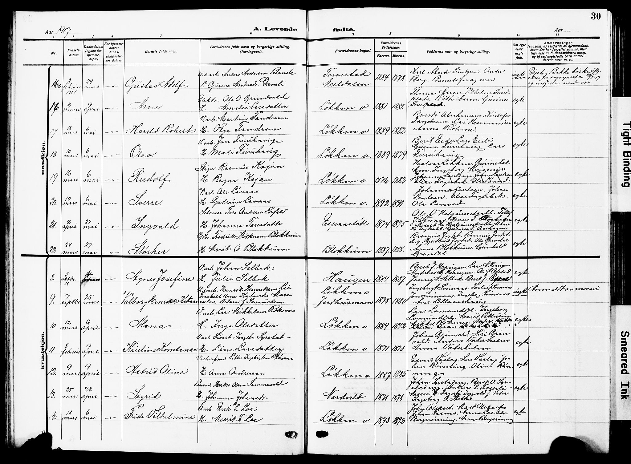 Ministerialprotokoller, klokkerbøker og fødselsregistre - Sør-Trøndelag, SAT/A-1456/672/L0865: Parish register (copy) no. 672C04, 1914-1928, p. 30