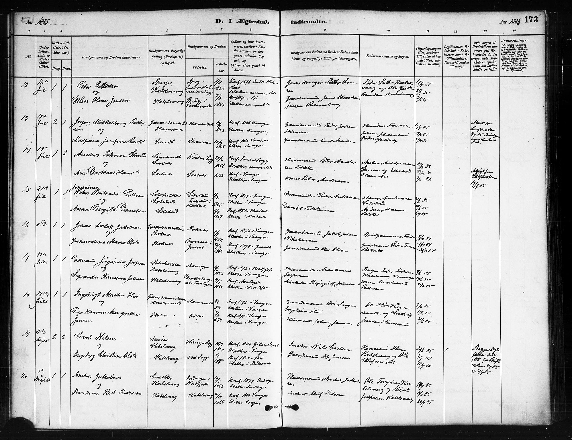 Ministerialprotokoller, klokkerbøker og fødselsregistre - Nordland, SAT/A-1459/874/L1059: Parish register (official) no. 874A03, 1884-1890, p. 173