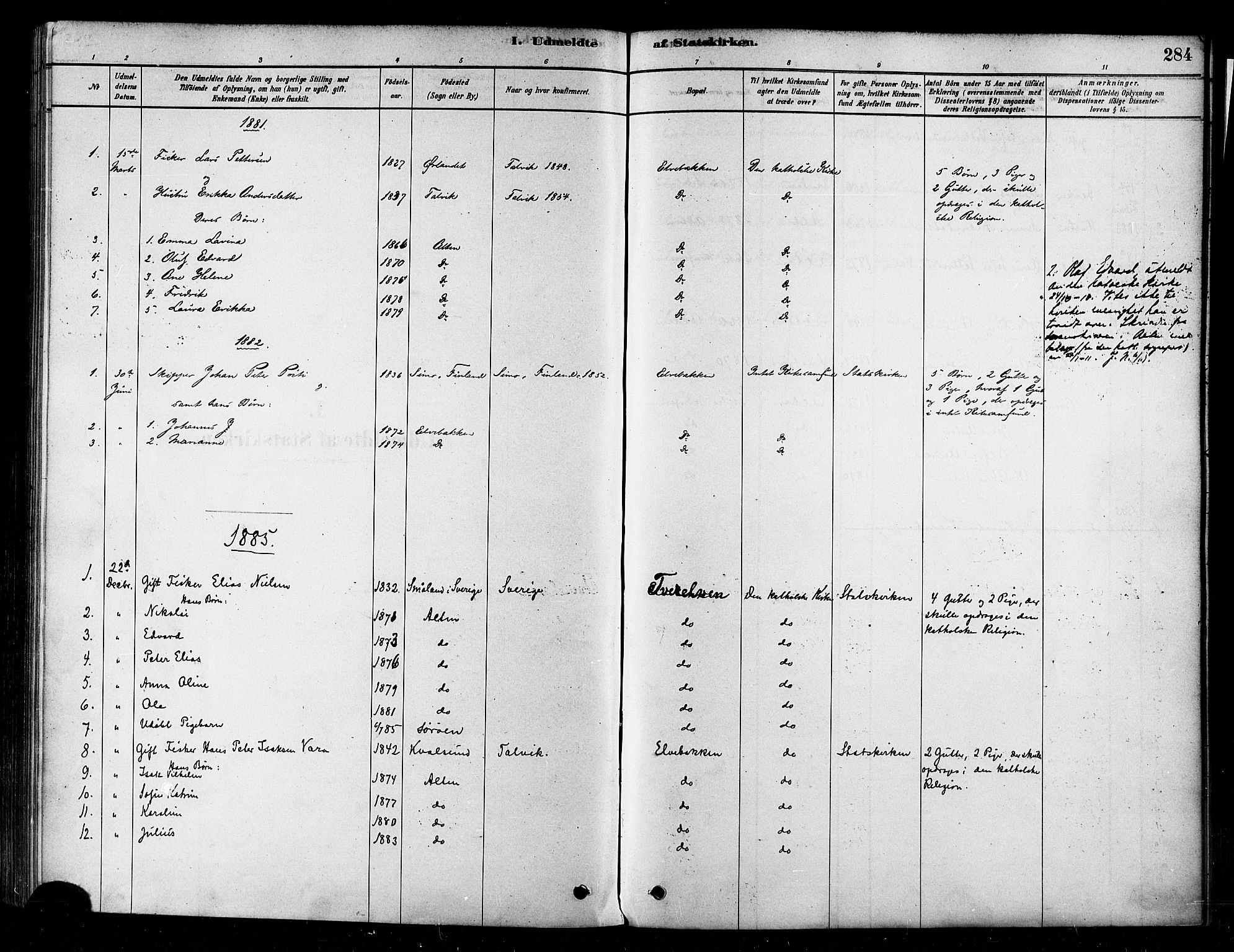 Alta sokneprestkontor, SATØ/S-1338/H/Ha/L0002.kirke: Parish register (official) no. 2, 1879-1892, p. 284