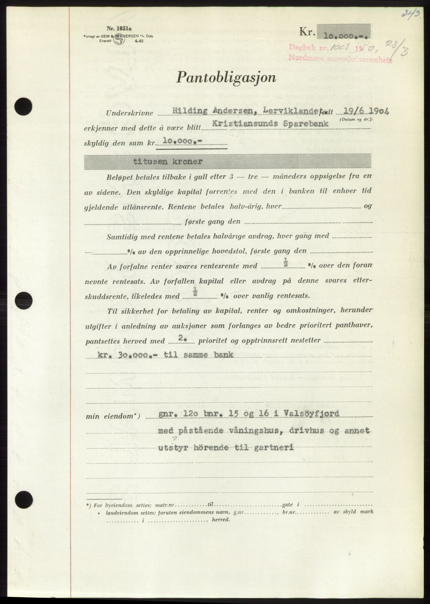 Nordmøre sorenskriveri, AV/SAT-A-4132/1/2/2Ca: Mortgage book no. B104, 1950-1950, Diary no: : 1008/1950