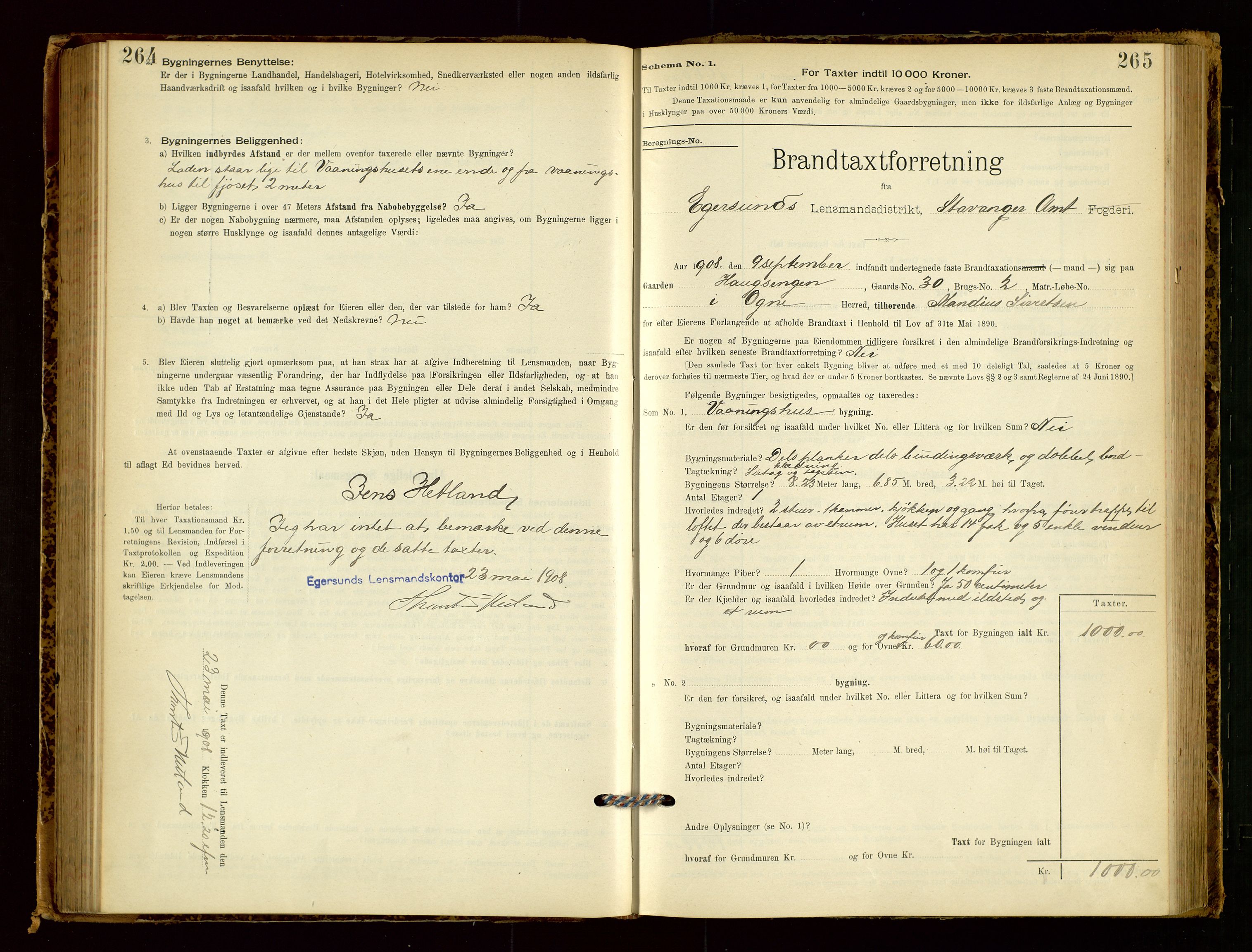 Eigersund lensmannskontor, AV/SAST-A-100171/Gob/L0001: Skjemaprotokoll, 1894-1909, p. 264-265