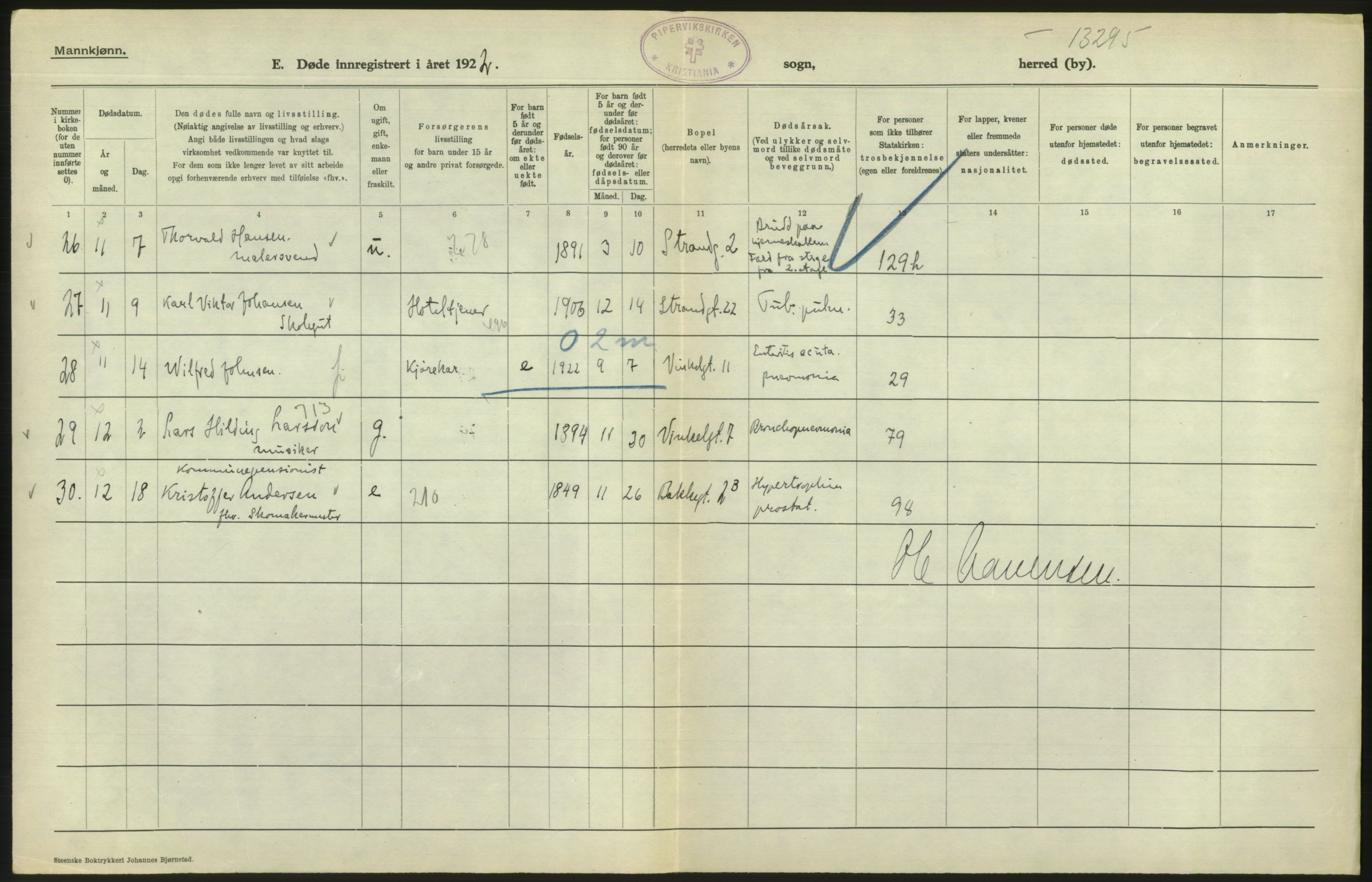 Statistisk sentralbyrå, Sosiodemografiske emner, Befolkning, AV/RA-S-2228/D/Df/Dfc/Dfcb/L0010: Kristiania: Døde, dødfødte, 1922, p. 566