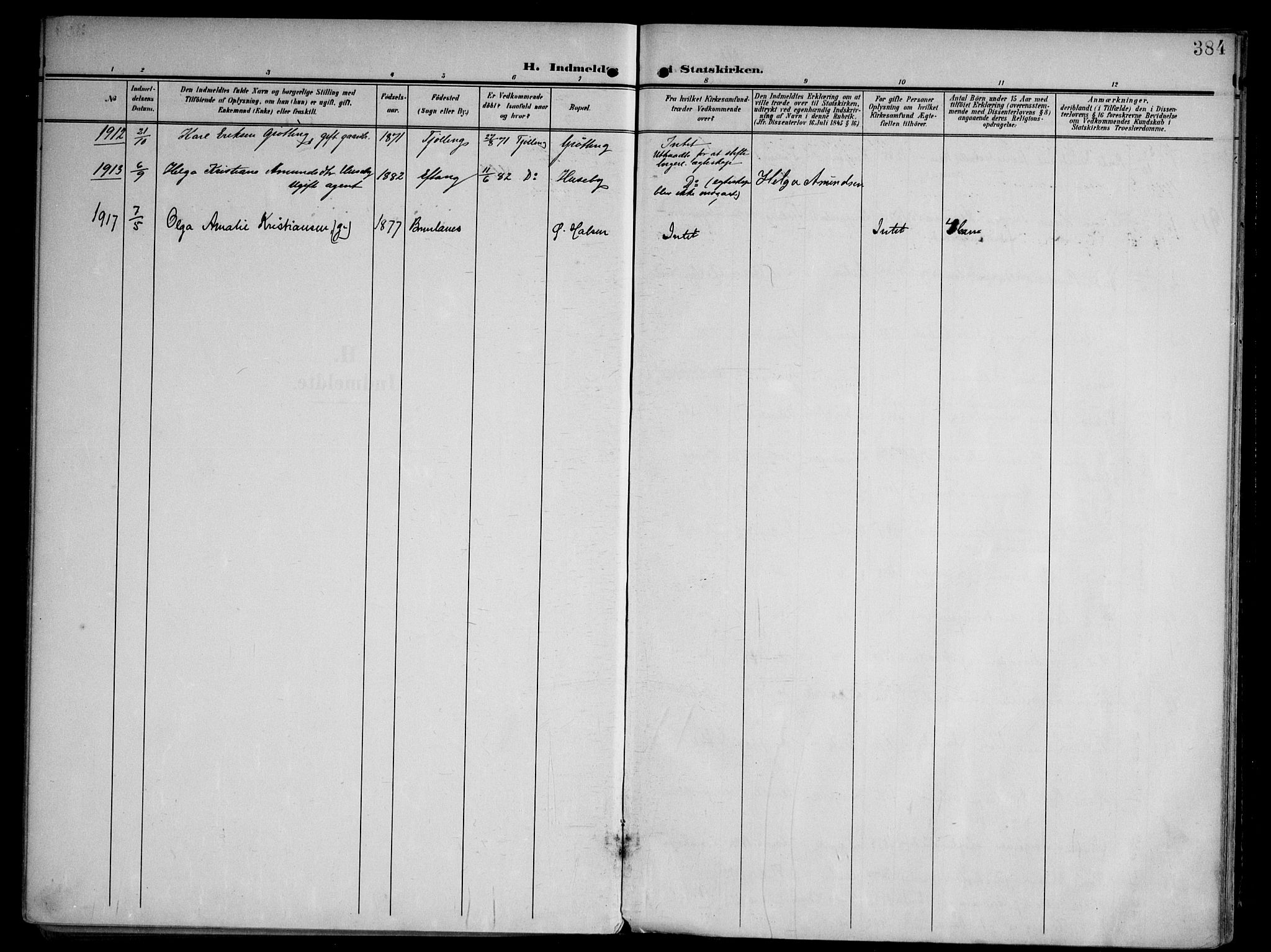 Tjølling kirkebøker, AV/SAKO-A-60/F/Fa/L0010: Parish register (official) no. 10, 1906-1923, p. 384